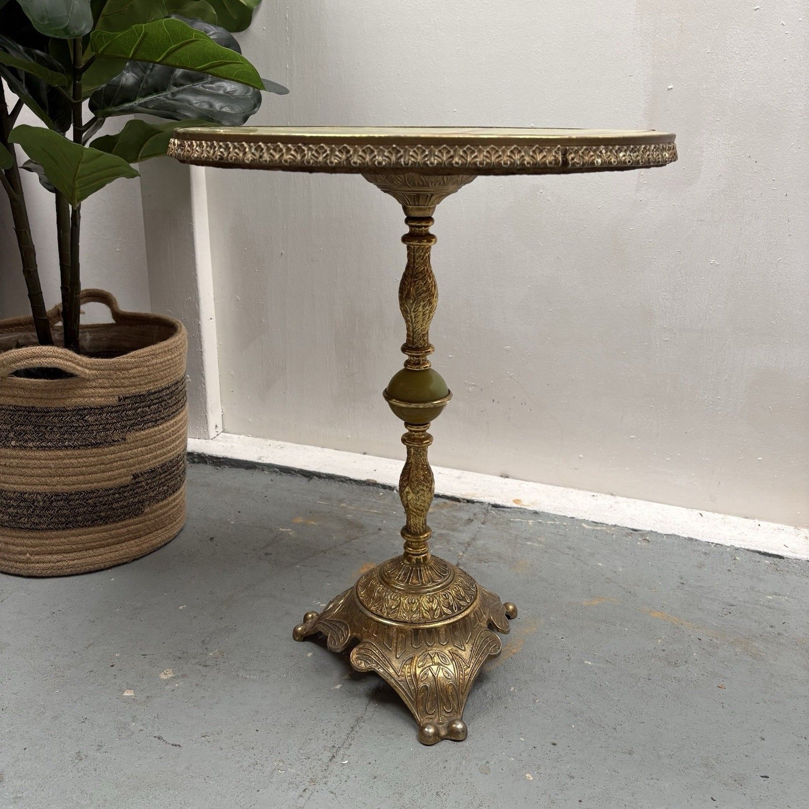 Vintage French Style Green Onyx Circular Top Brass Wine Or Side Table photo vintage