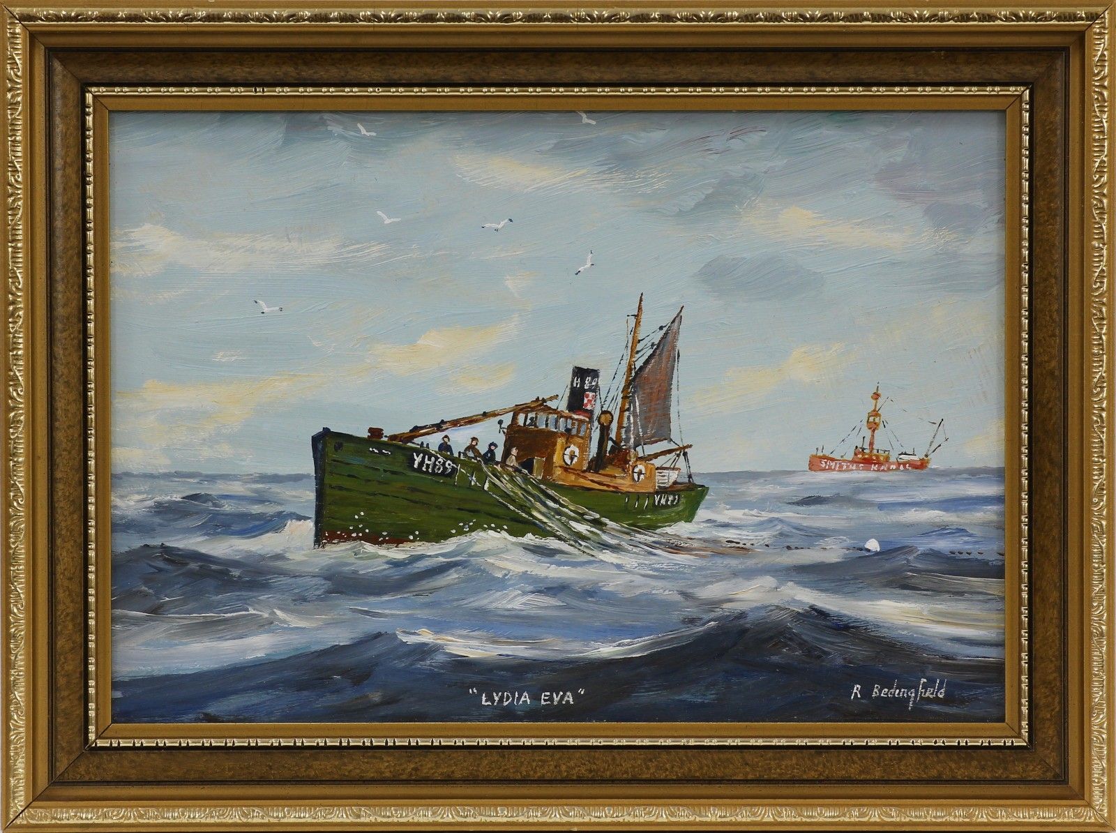 Oil On Board By Roger Bedingfield. Titled "Lydia Eva" Off Smiths Knoll Lightship photo 75.0