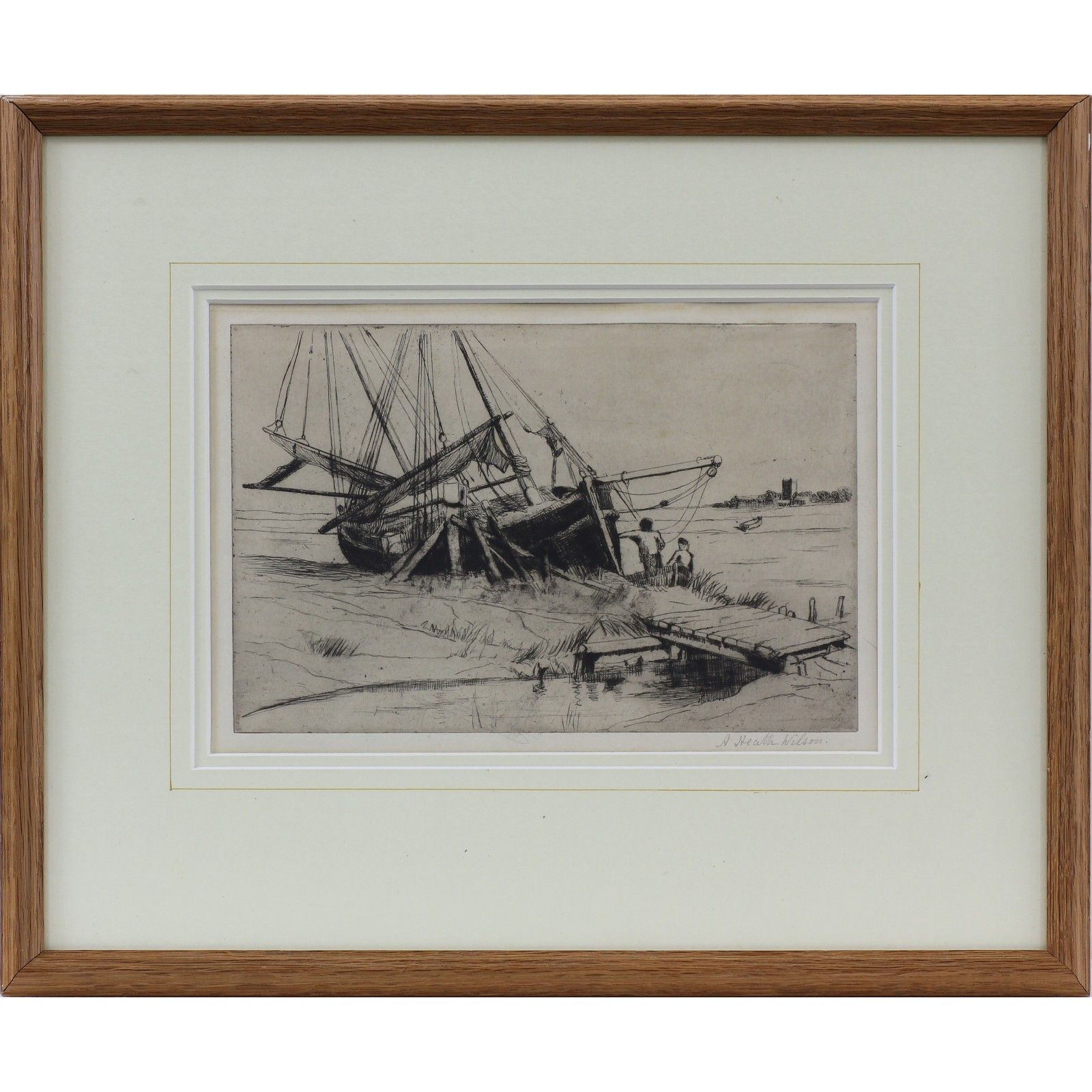 Etching By Annie Heath Wilson. Suffolk Coast Scene Titled "Tanning Walberswick".