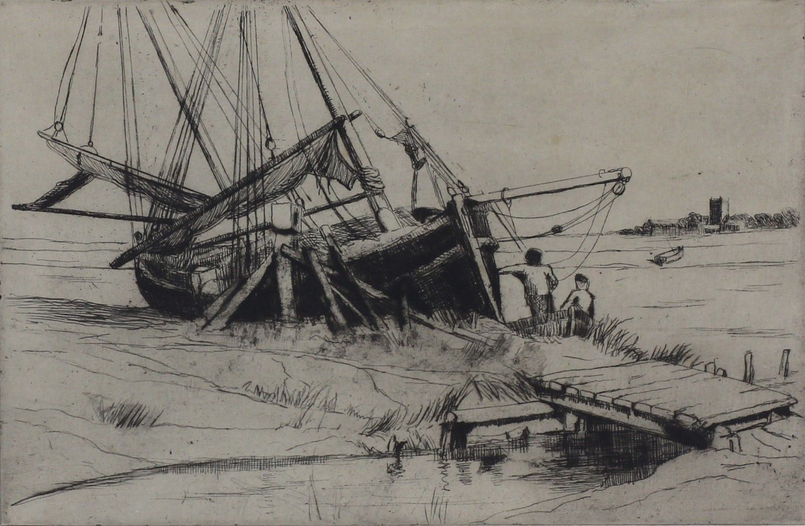 Etching By Annie Heath Wilson. Suffolk Coast Scene Titled "Tanning Walberswick". photo furniture