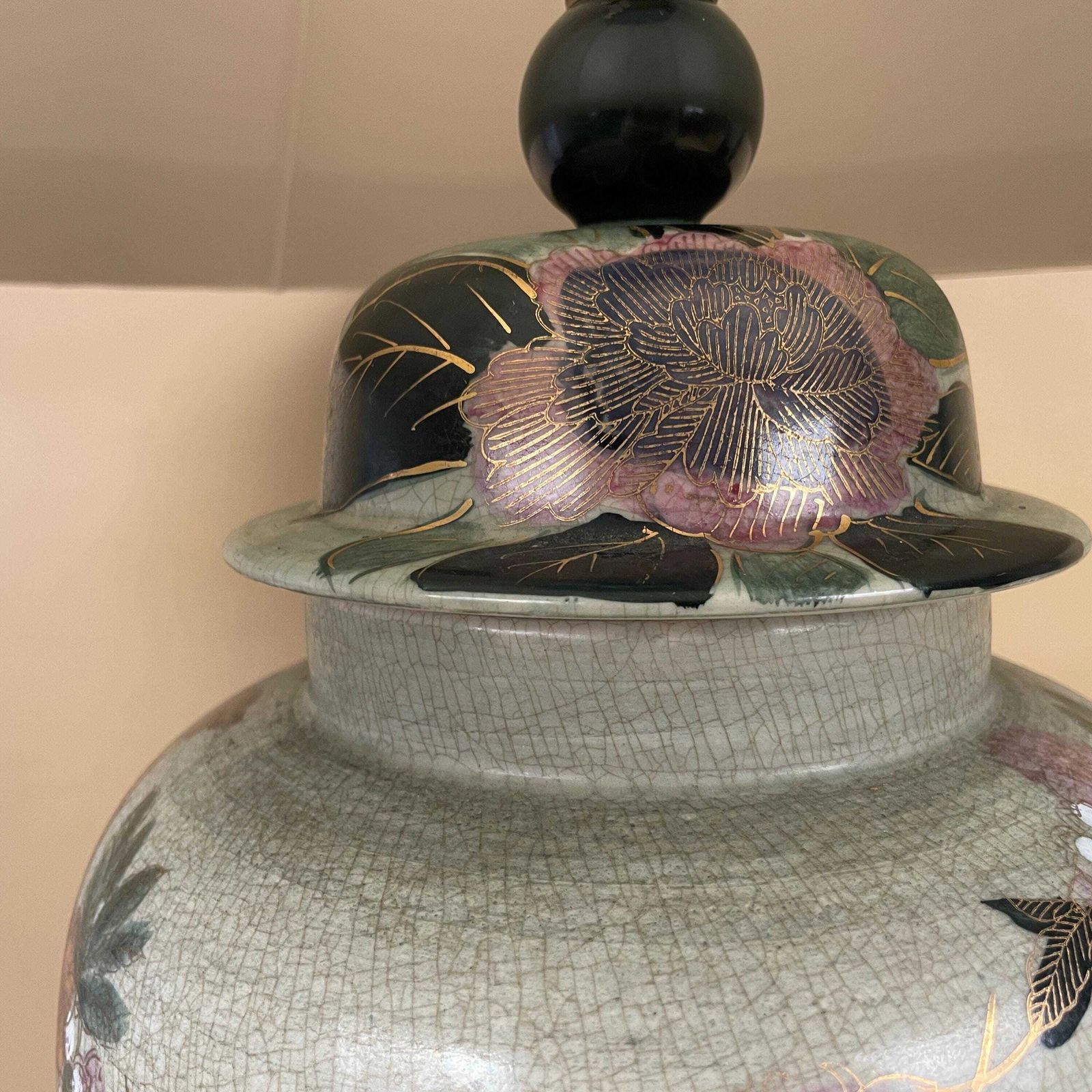Antique Oriental Ceramic Lamp Light Bedside Table Shade Lampshade Chinese Decor Porcelain Ginger Jar Vase Hand Painted Floral Birds Wood photo vinterior