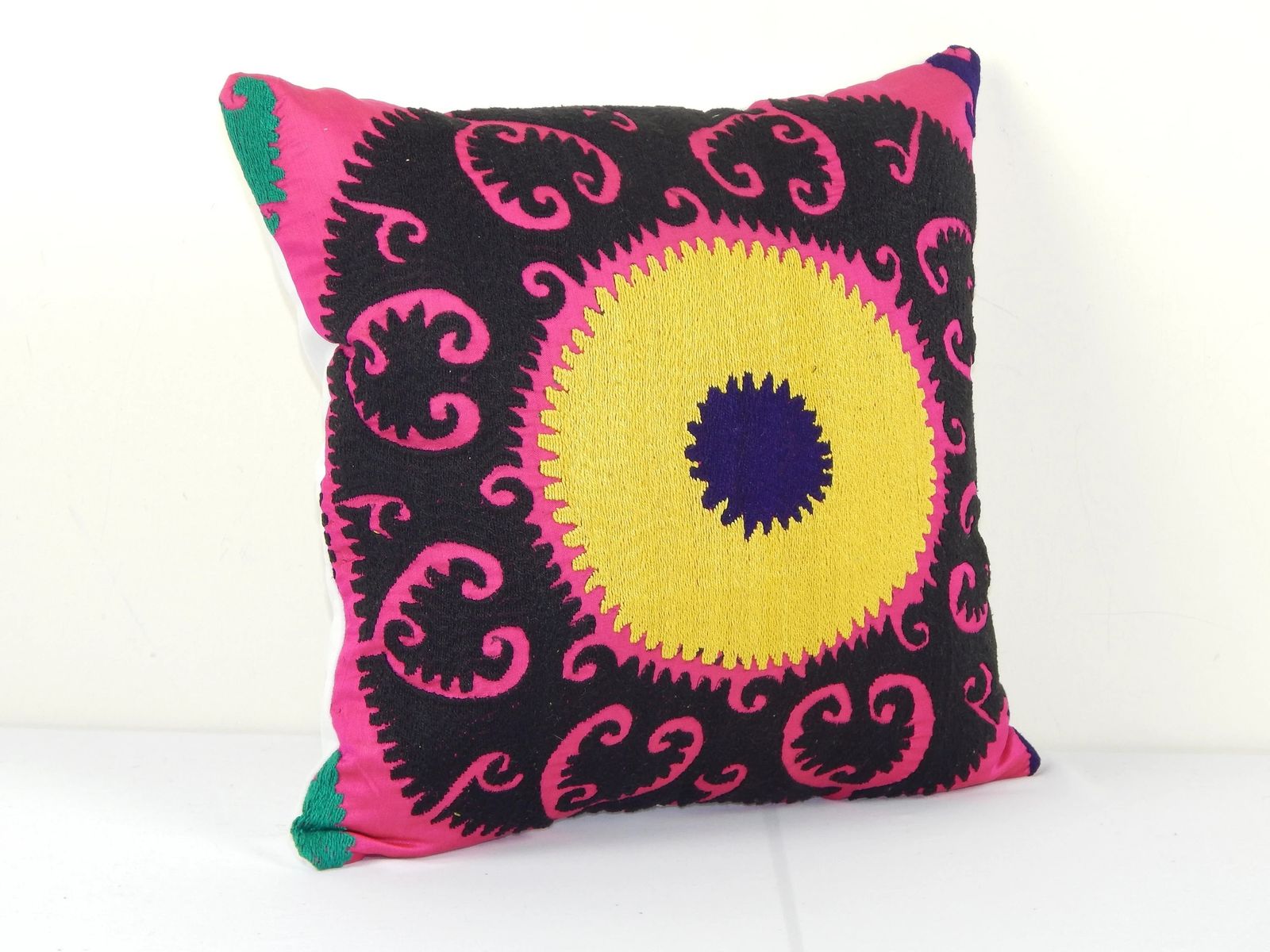 Square Bed Vintage Cotton Suzani Pillow Cover, Exquisite Square Uzbek Yellow Pillow Cover, Designer Cushion photo furniture