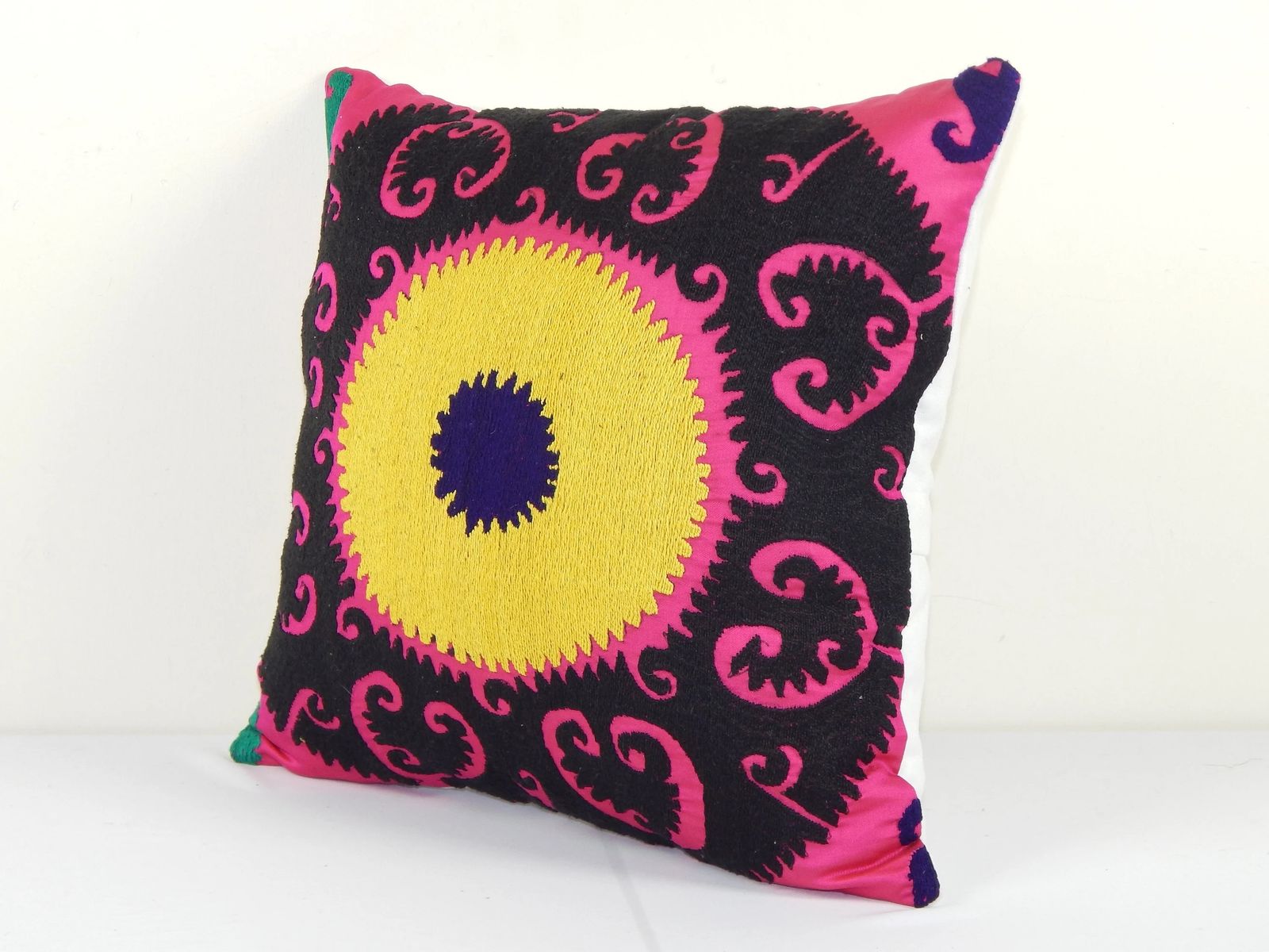 Square Bed Vintage Cotton Suzani Pillow Cover, Exquisite Square Uzbek Yellow Pillow Cover, Designer Cushion photo Textiles