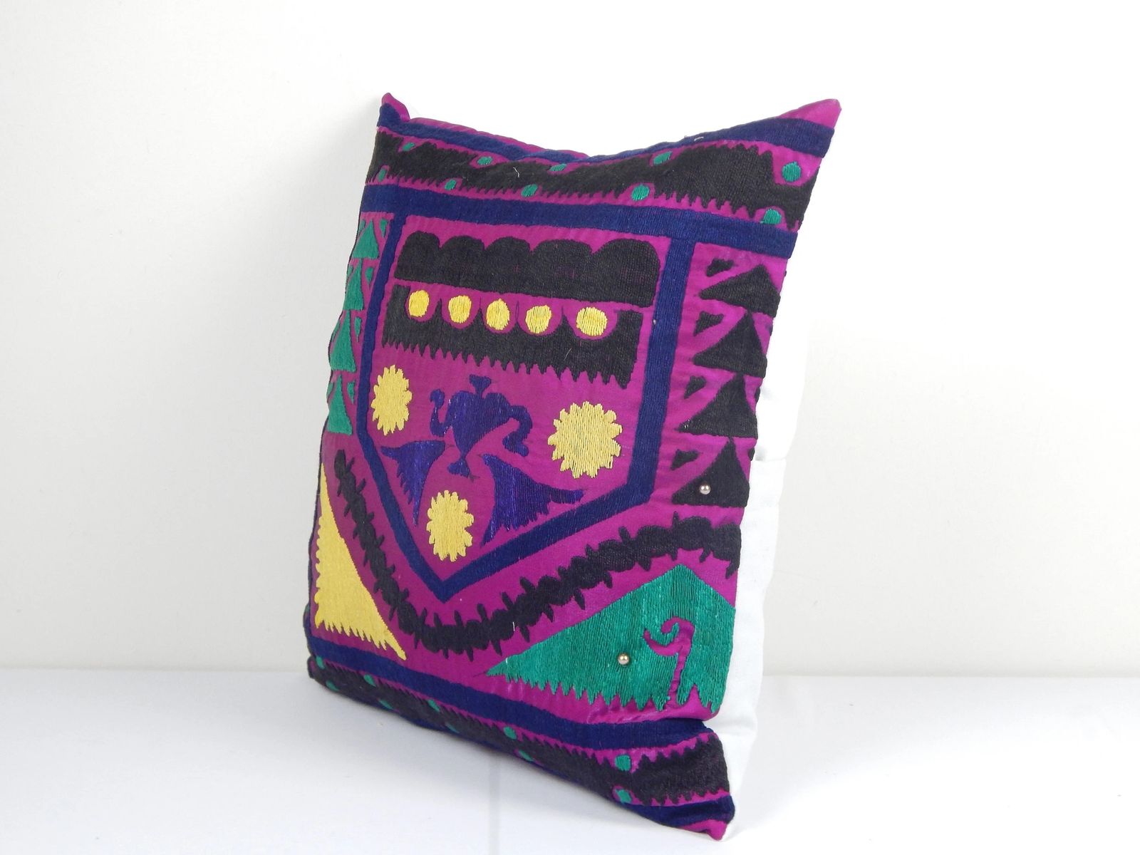 Suzani Handmade Pillow, Purple Ethnic Square Cushion Cover, Decorative Hand Embroidery Case, Muted Ethnic Throw Pillow photo furniture