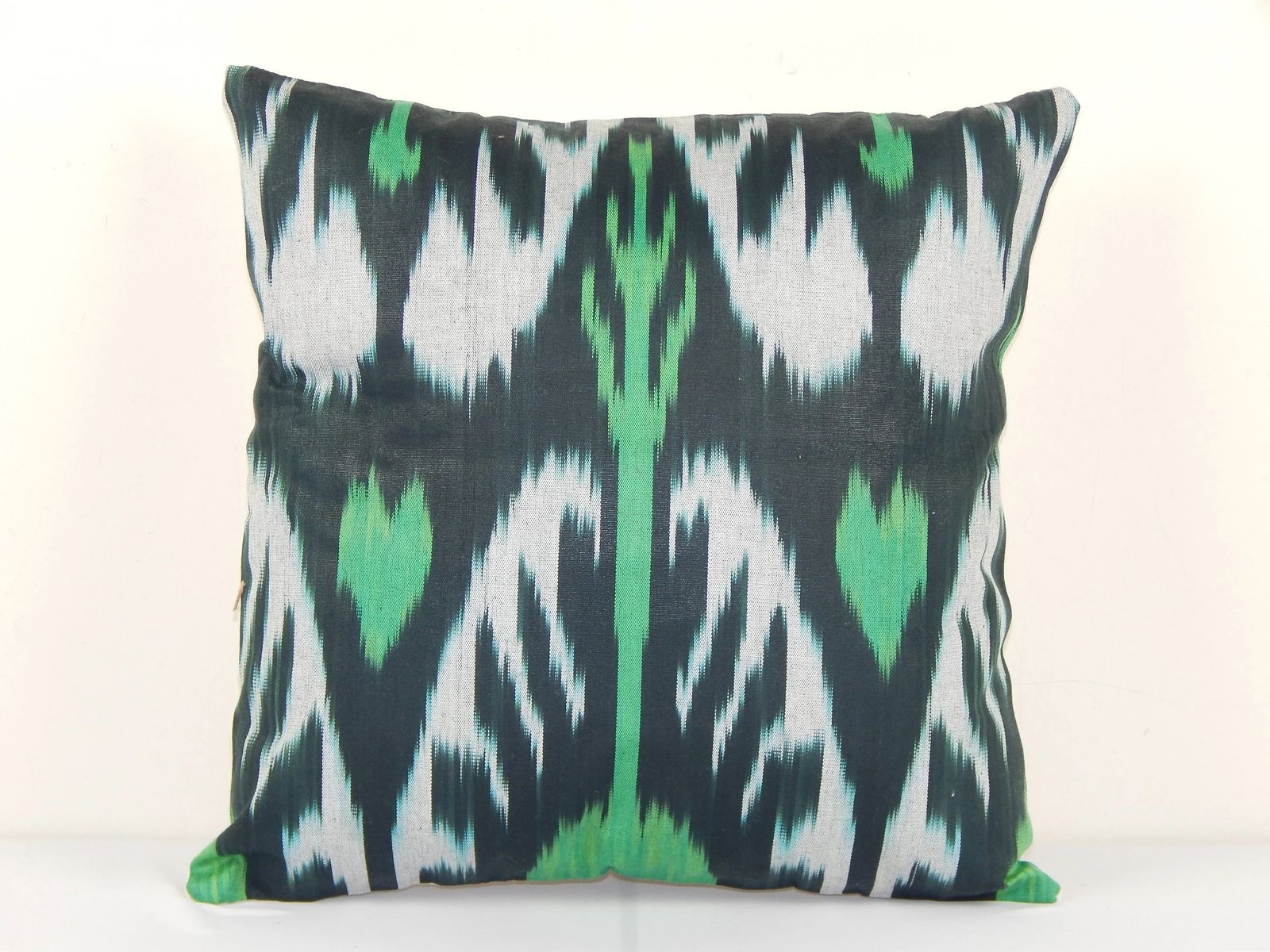 Uzbekistan Ikat Square Pillow Cover Cushion, Square Green Handmade Decorative Couch Pillowcase