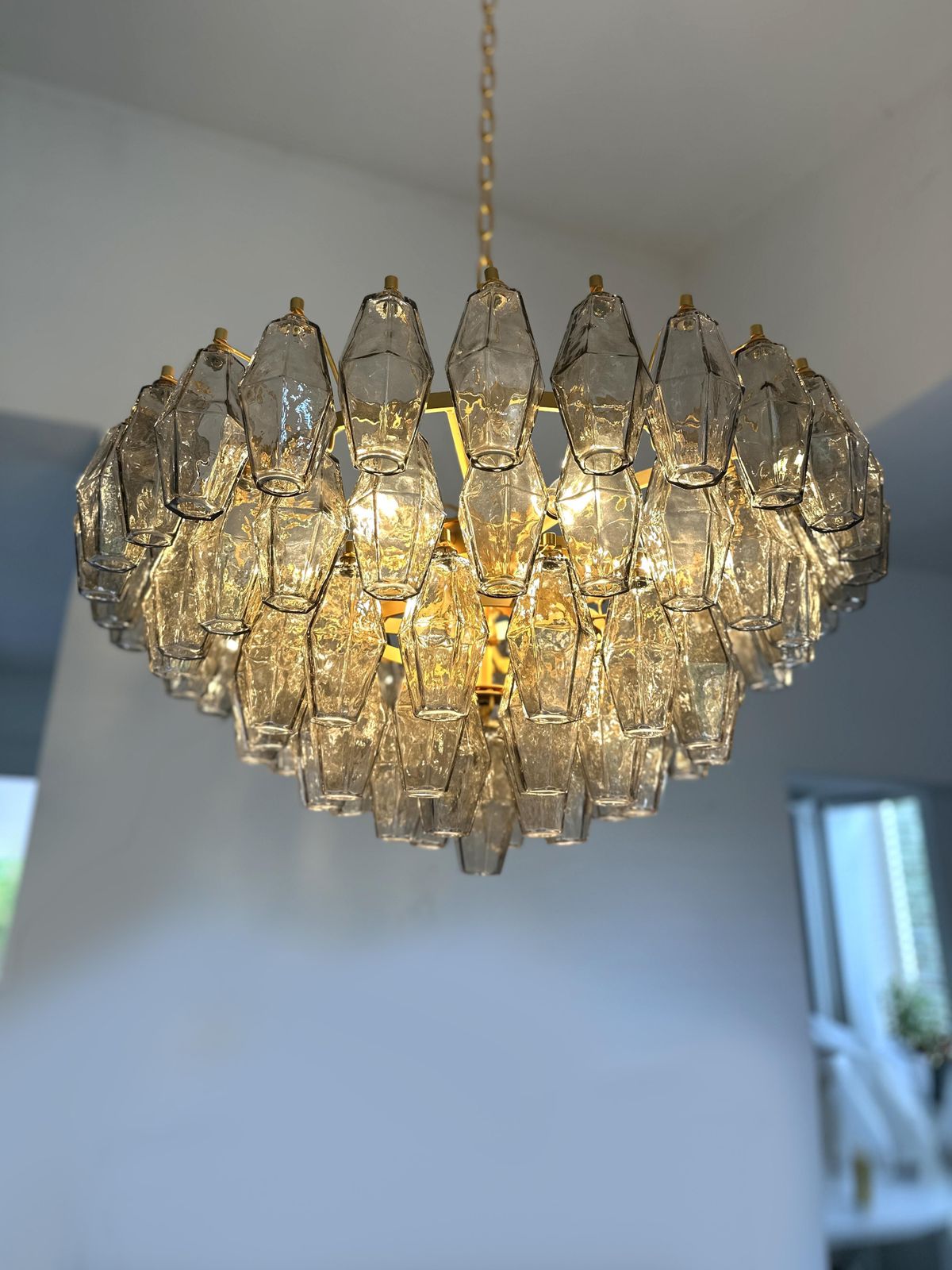 Contemporary Styled After Venini Smoked Fumè “Poliedri” Murano Glass Gold Chandelier photo 7453.0