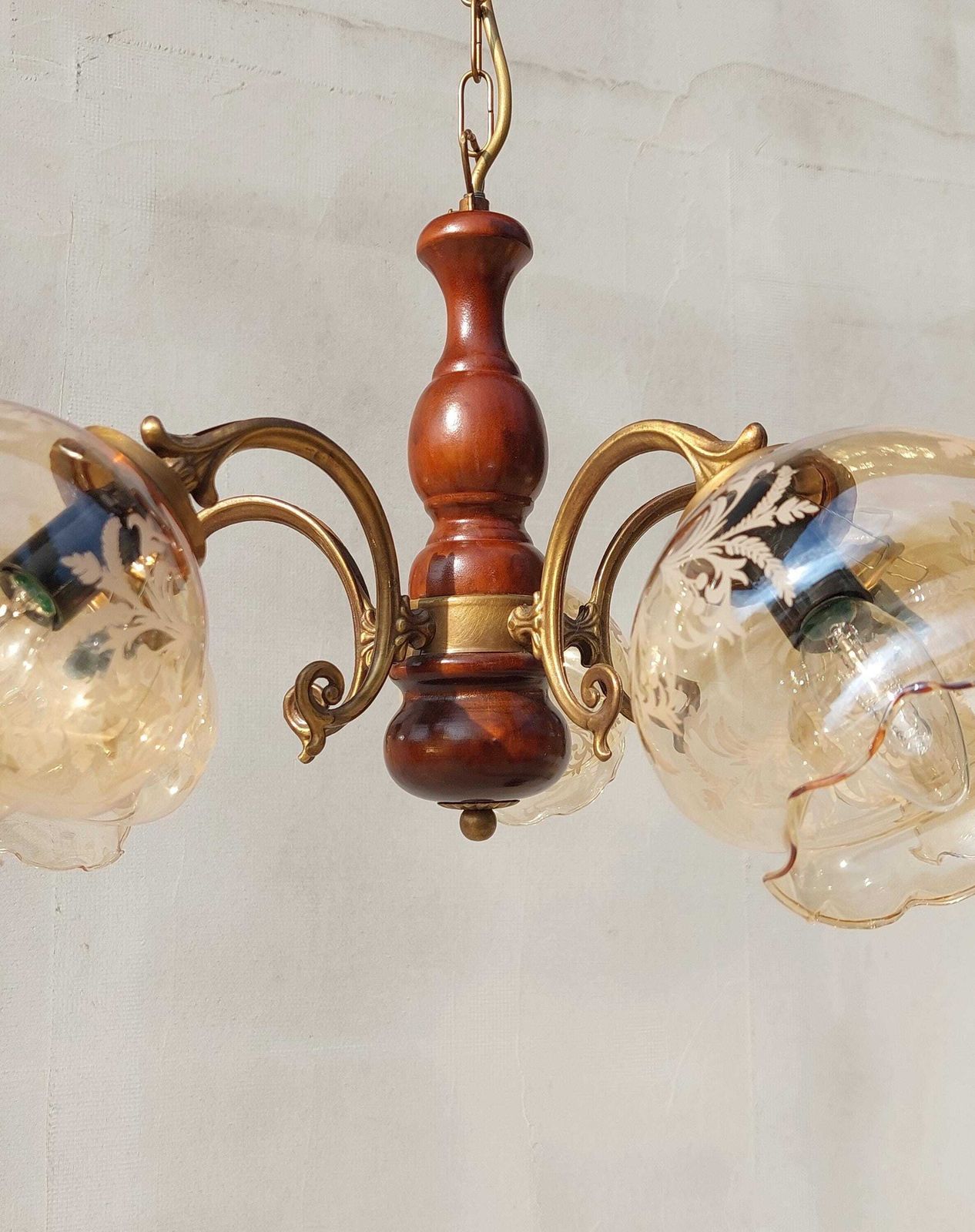 Vintage Brass And Wood Chandelier – 5 Arm Ceiling Light With Amber Etched Glass Tulip Shades, Mid Century Rustic Farmhouse Lighting Fixture photo furniture