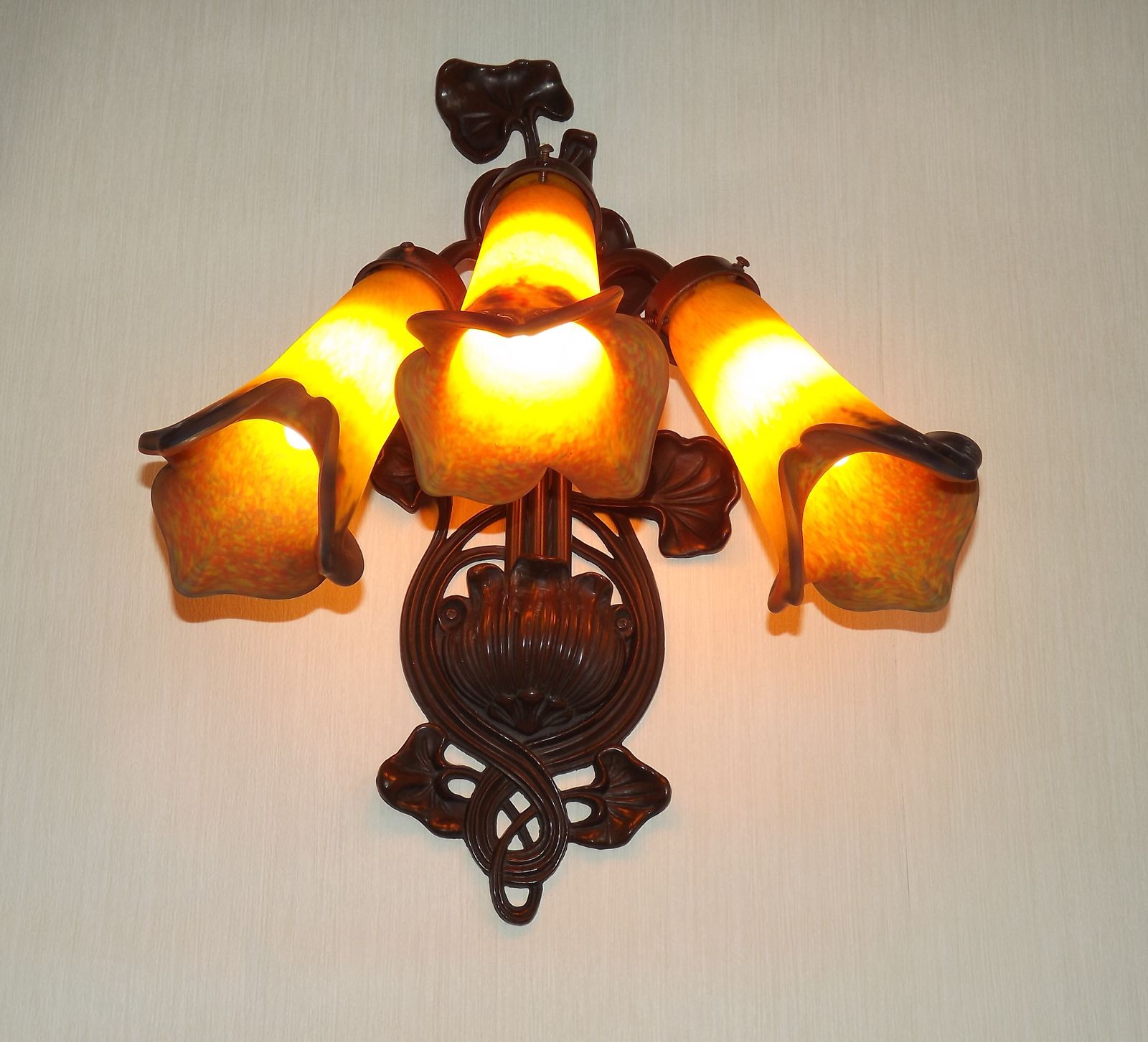 240.0 French Art Nouveau Style Large 3 Light Wall Sconce.  Signed Art De France Lily Shades. photo