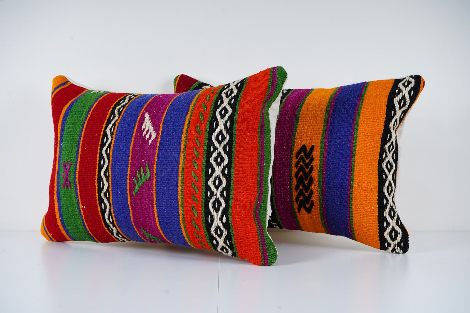 Striped Turkish Kilim Pillow Cover, Wool Rustic Home Decor, Set Of Two Organic Cushion Cover photo for sale