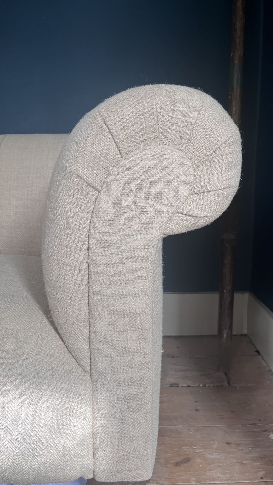 French Antique Linen Chesterfield Style Sofa – Newly Upholstered 3 Seater With Original Brass Castors photo Furniture