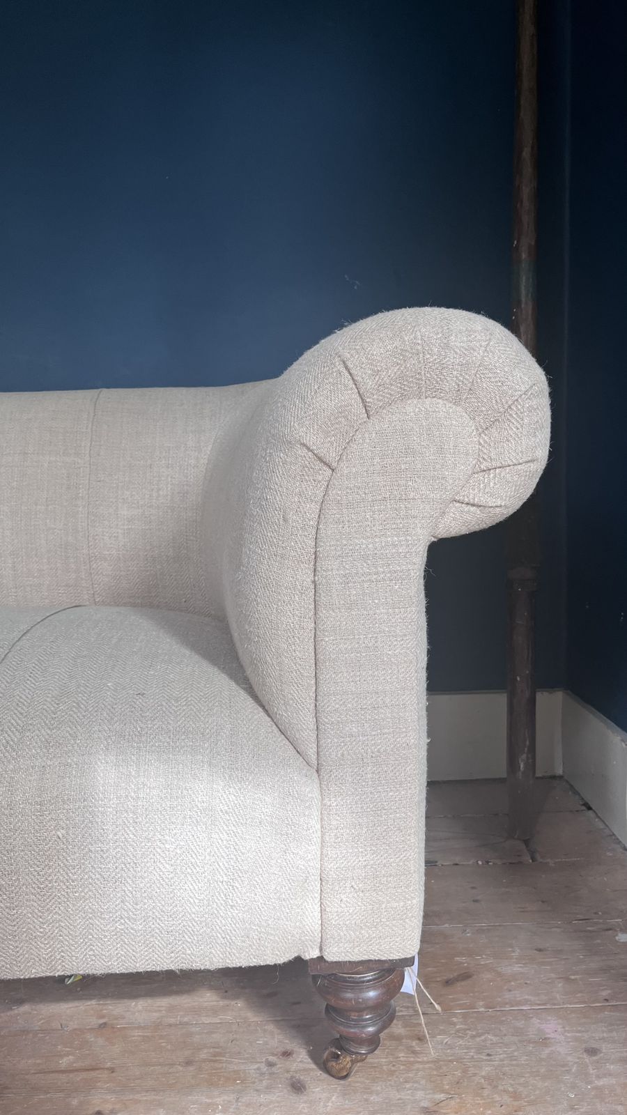 French Antique Linen Chesterfield Style Sofa – Newly Upholstered 3 Seater With Original Brass Castors photo 1800.0