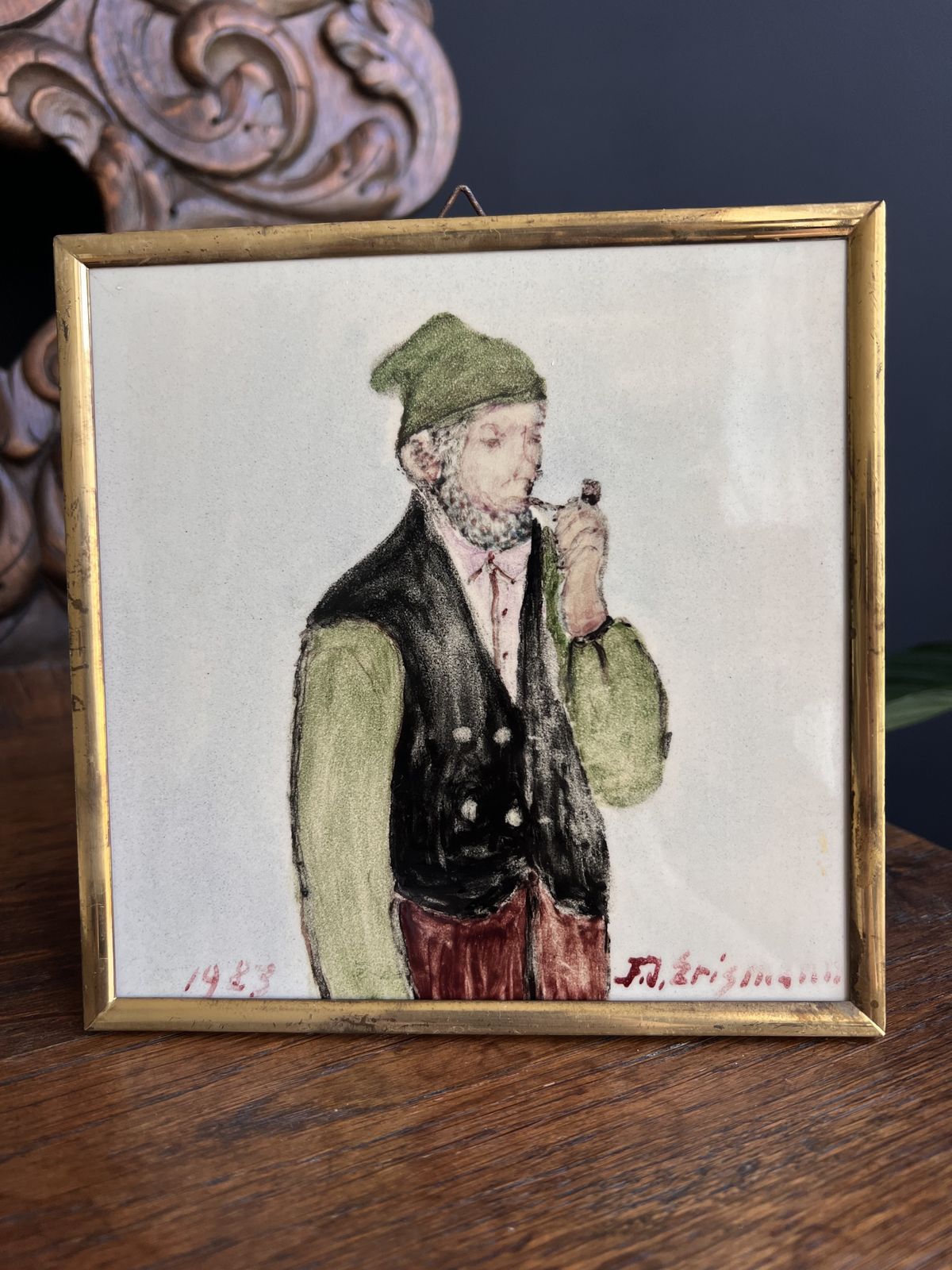 Vintage Swiss Folk Art Tile By Friedrich Erismann   1983 Hand Painted Man With Pipe In Traditional Costume