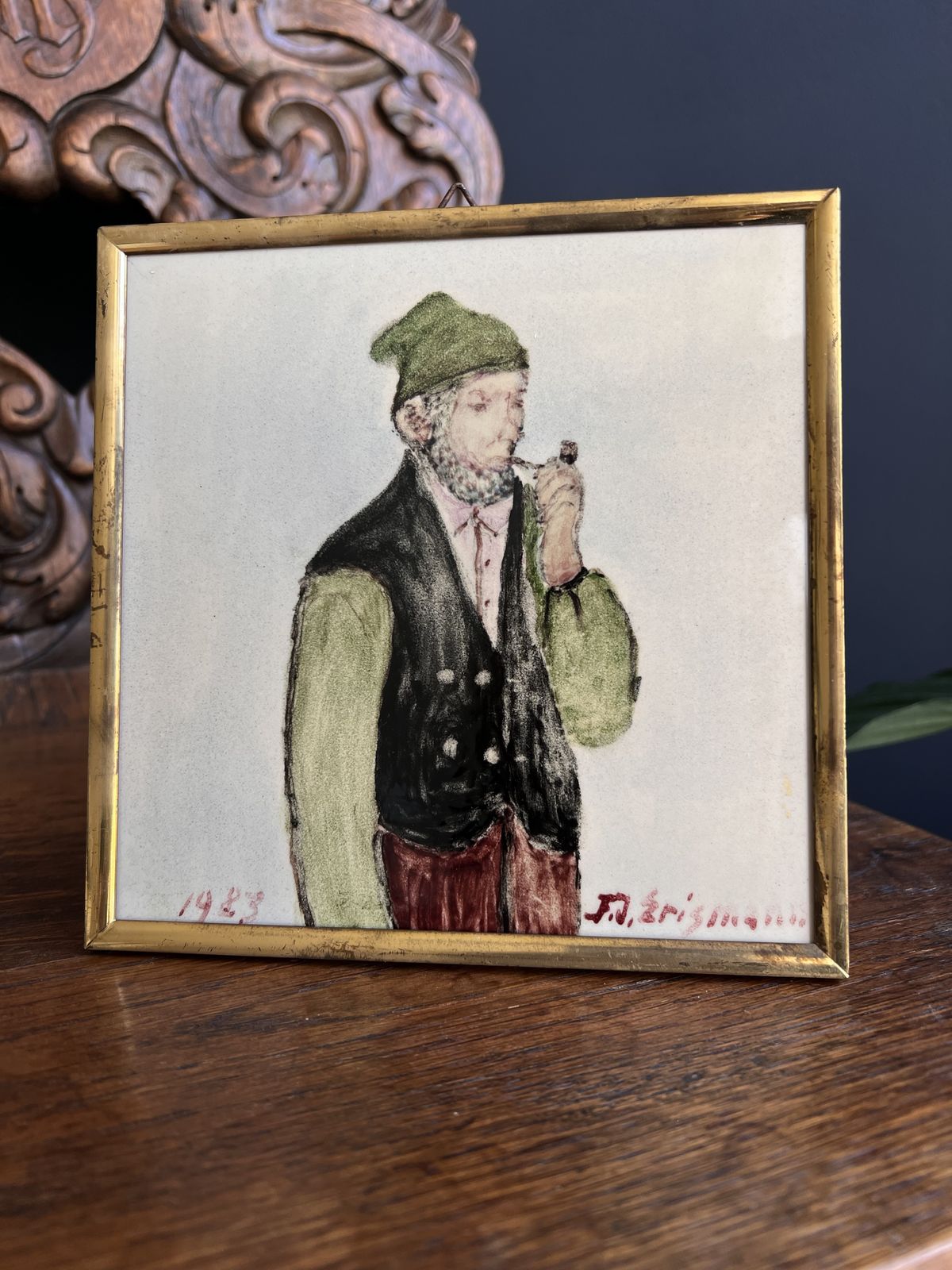 Vintage Swiss Folk Art Tile By Friedrich Erismann   1983 Hand Painted Man With Pipe In Traditional Costume photo vinterior
