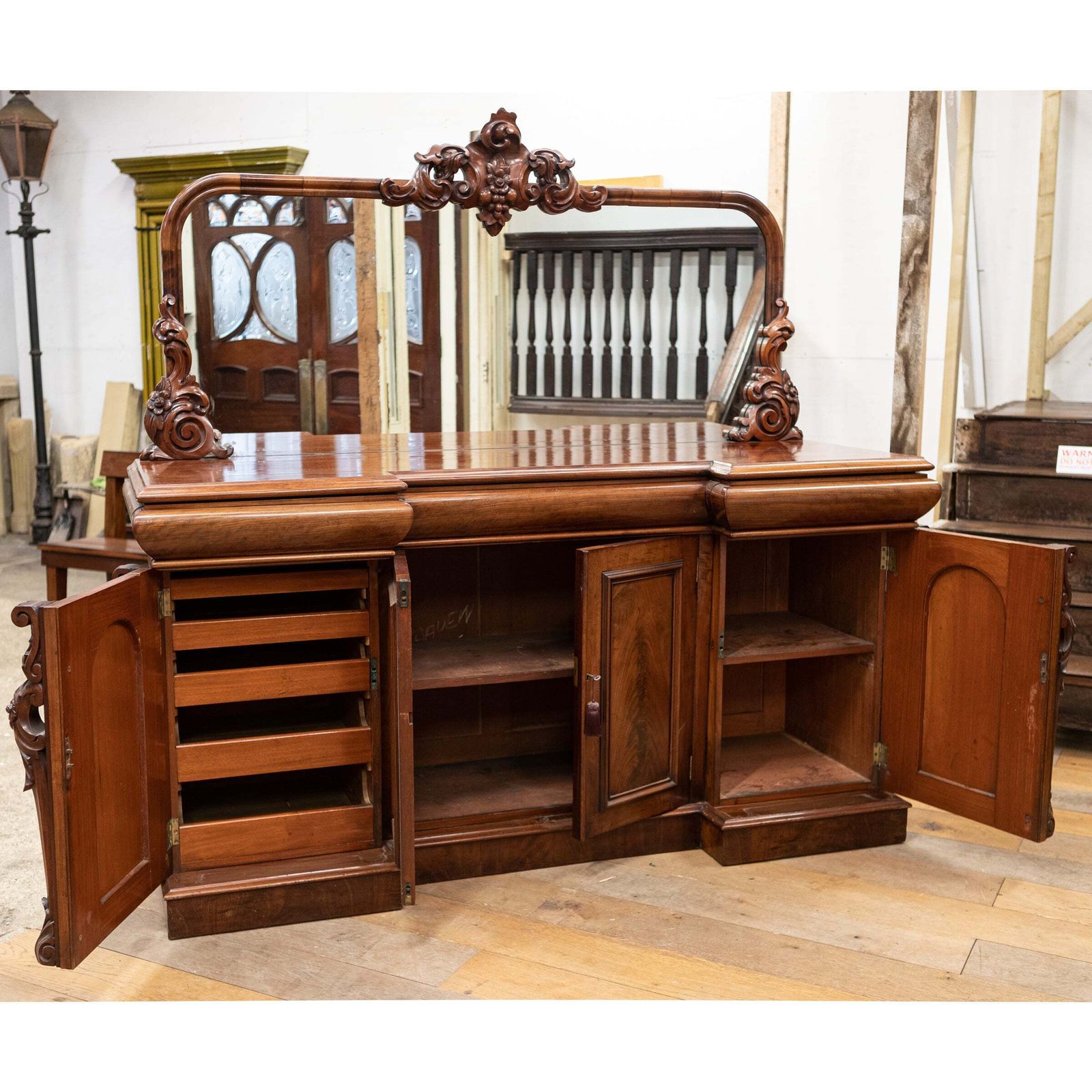 Antique Ornate Carved Mahogany Sideboard With Mirror And Secret Drawers photo vinterior