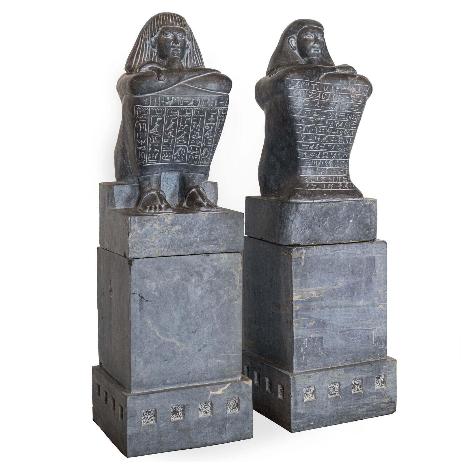 Pair Of Monumental Egyptian Marble Block Statues With Plinths