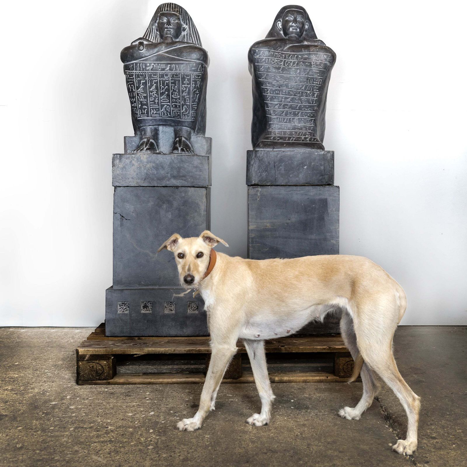 Pair Of Monumental Egyptian Marble Block Statues With Plinths photo for sale