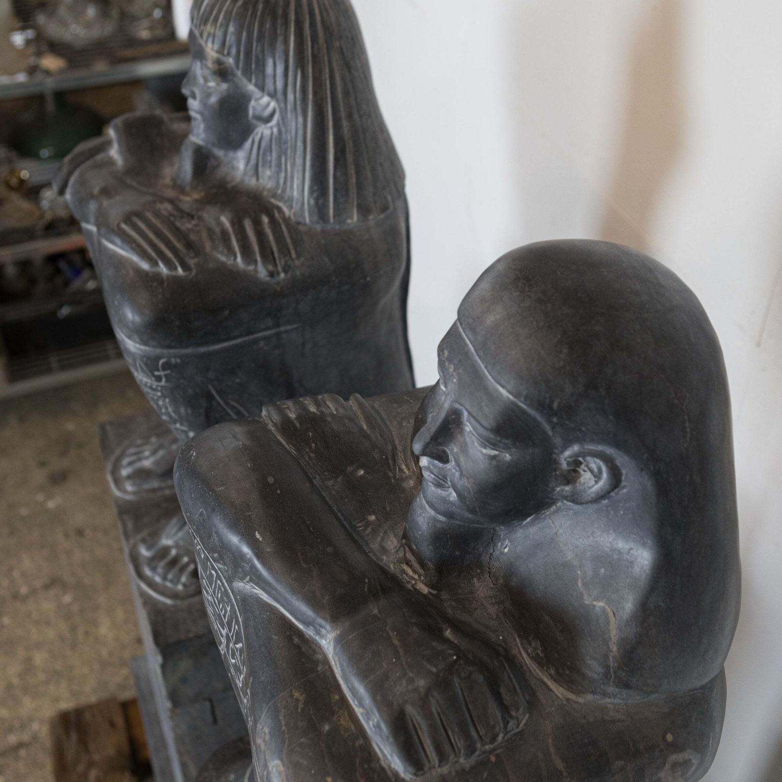 Pair Of Monumental Egyptian Marble Block Statues With Plinths photo vinterior