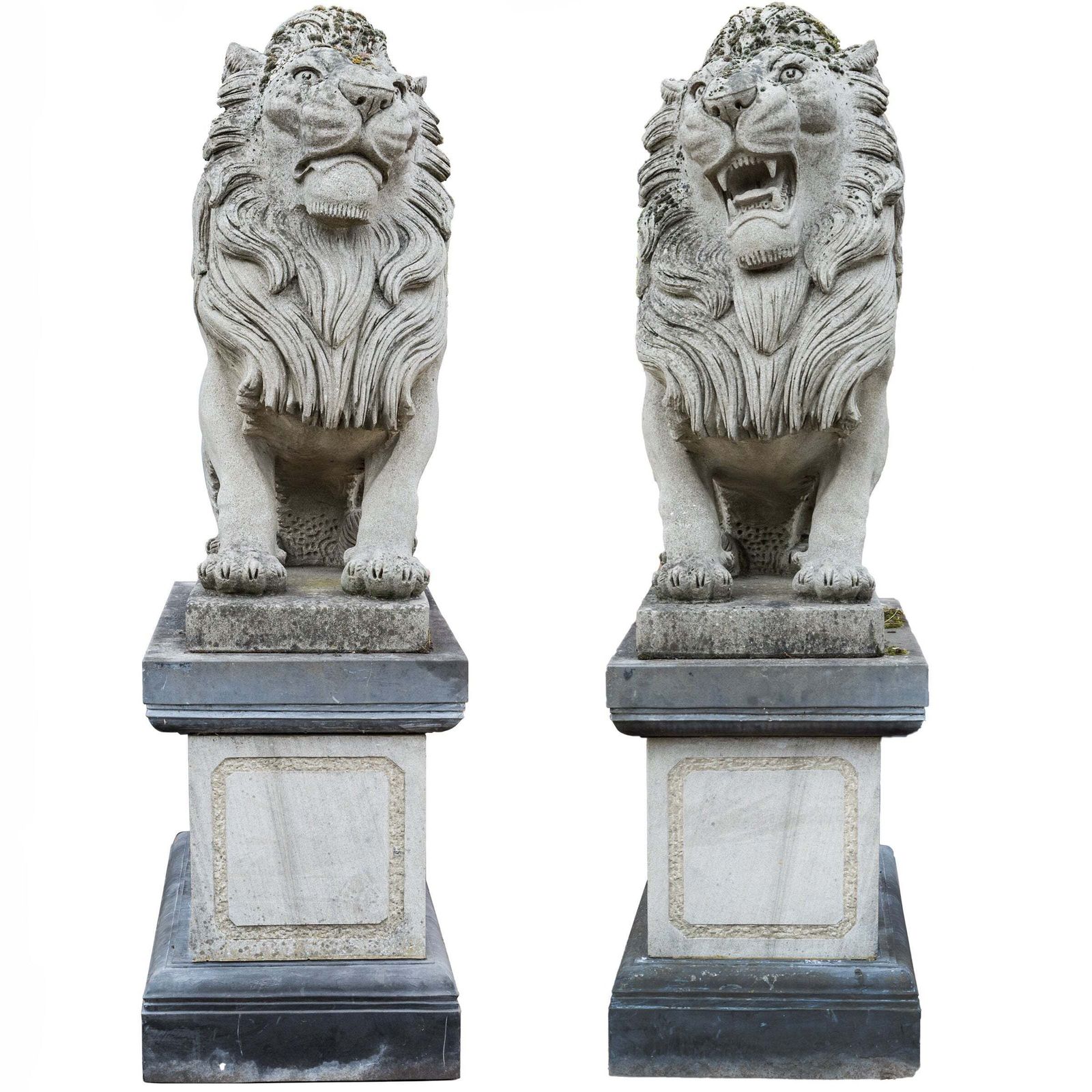 Reclaimed Pair Of Monumental Stone Lions On Their Own Plinth