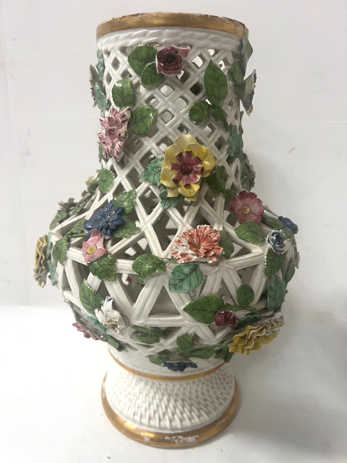 "Saxony" Pair Of Polychrome Porcelain Openwork Balustrade Vases 19th Century photo for sale