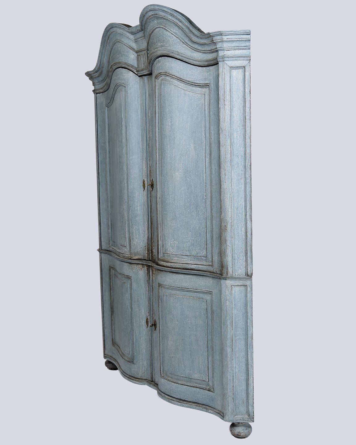 Large Baroque Corner Cabinet   Original Blue Paint & Brass Fittings   Natural Patina   Curved Doors   1780s
