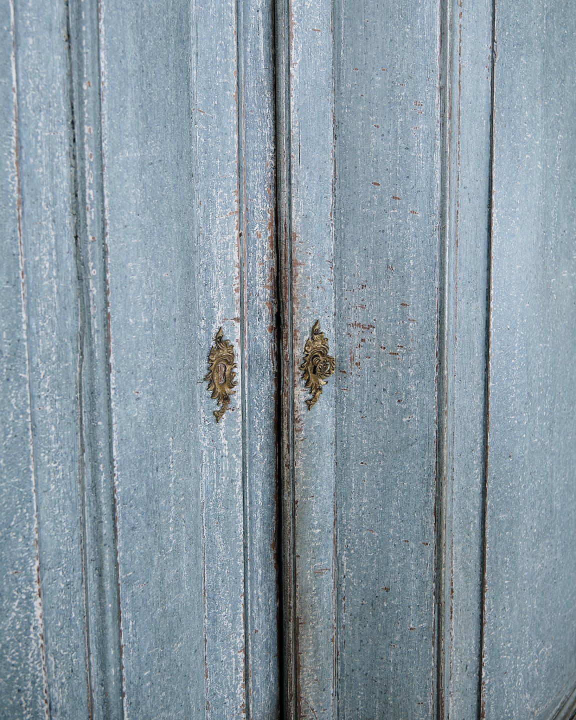 Large Baroque Corner Cabinet   Original Blue Paint & Brass Fittings   Natural Patina   Curved Doors   1780s photo for sale