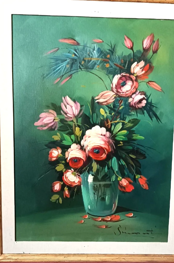 Large Oil Painting On Canvas Signed Flower Vase photo for sale