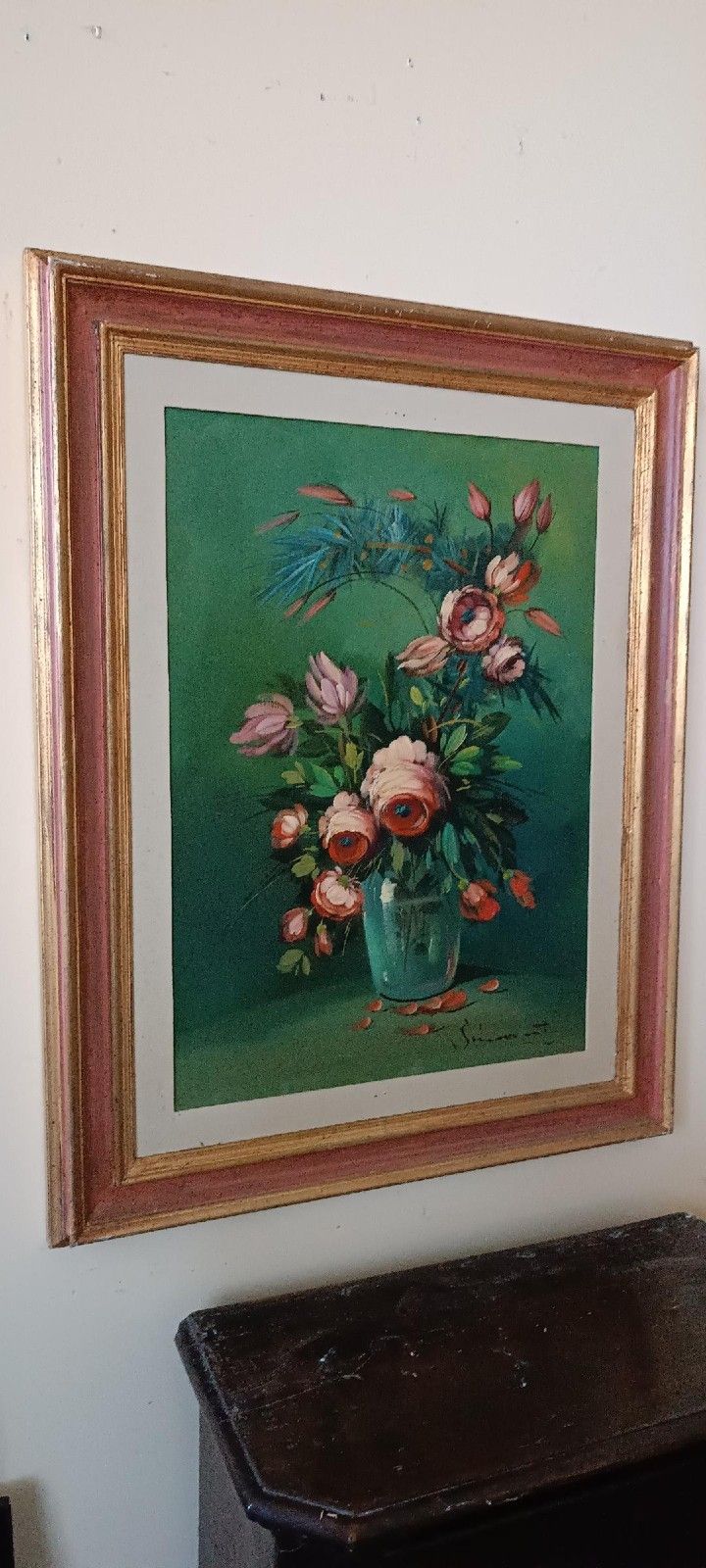 Large Oil Painting On Canvas Signed Flower Vase photo vintage