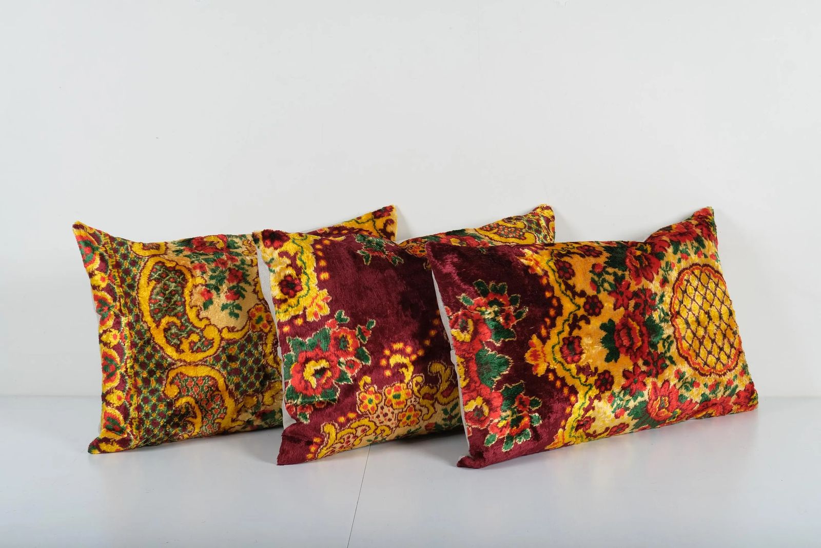 Bohemian Yellow Red Velvet Pillow Cover   Set Of Three Handmade Silk Cushion Cover photo for sale