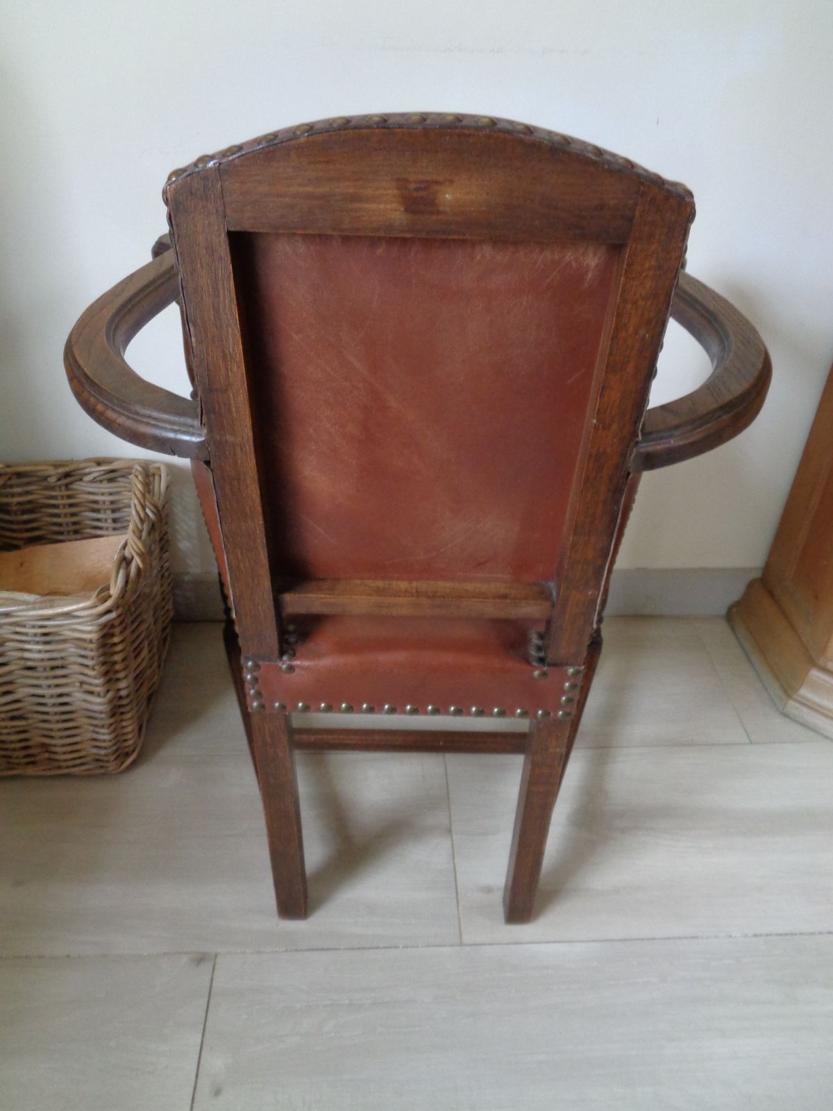 1930's Oak & Brown Leather Armchair photo for sale