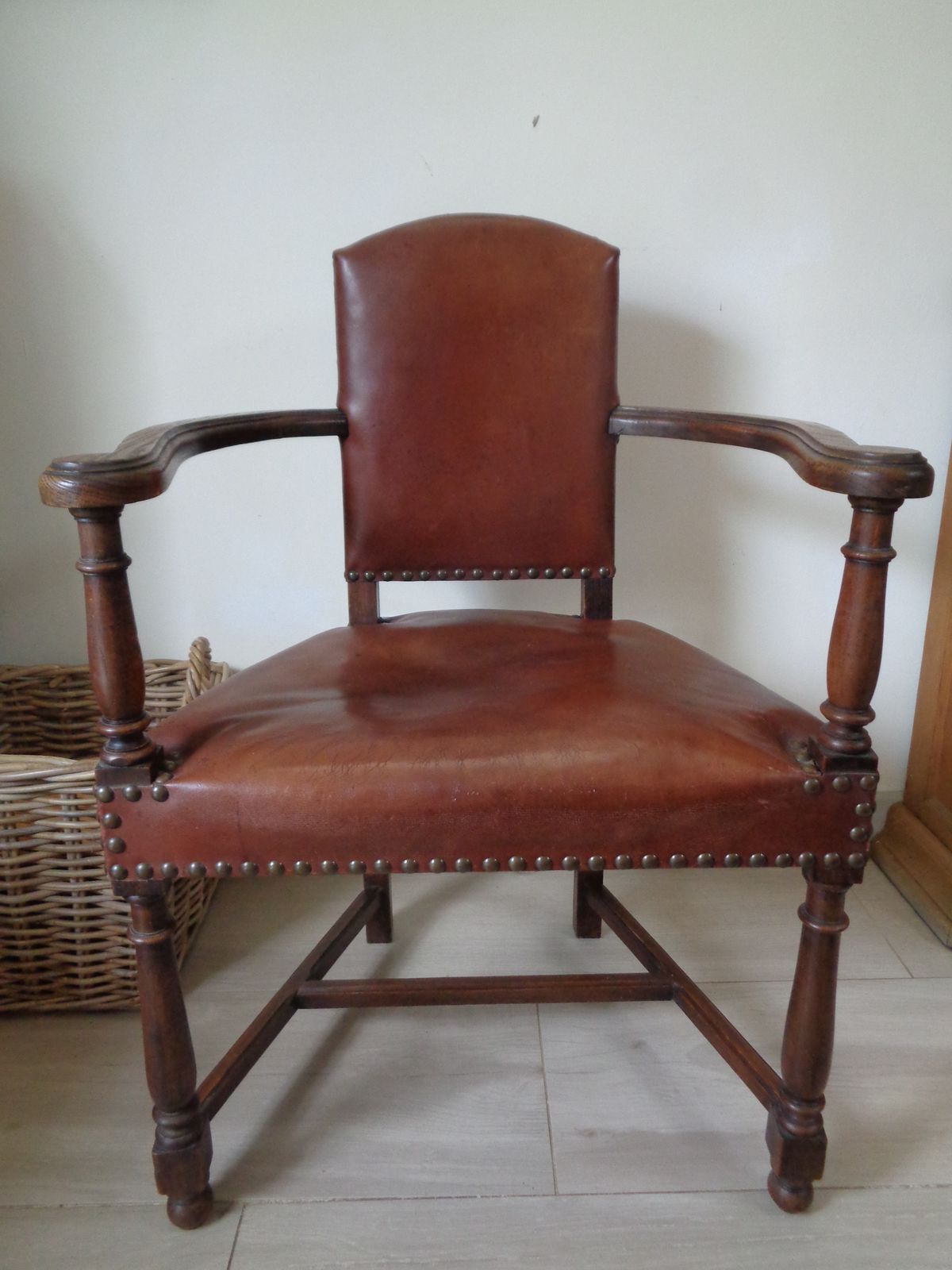 1930's Oak & Brown Leather Armchair photo Furniture