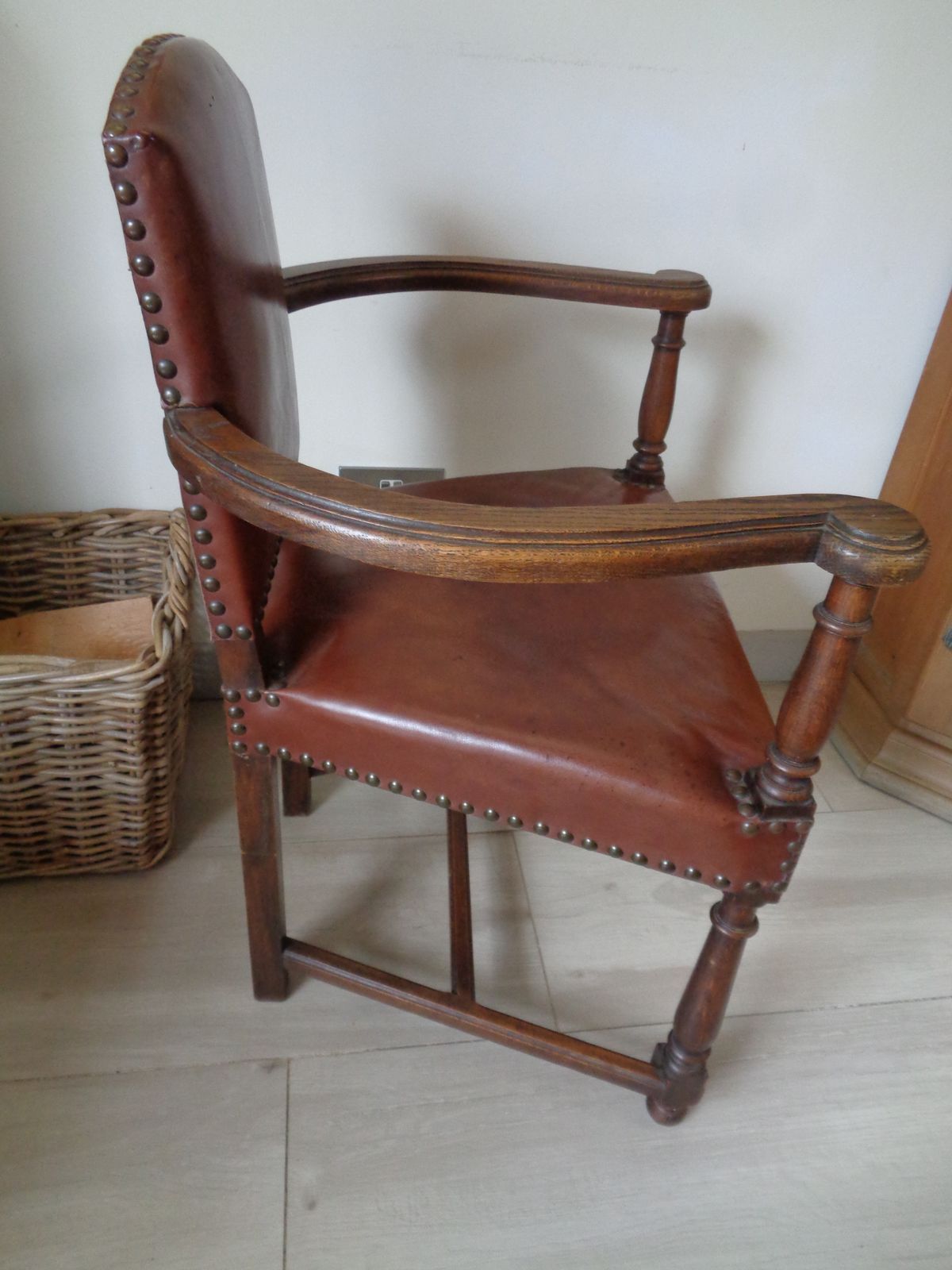 1930's Oak & Brown Leather Armchair photo 145.0