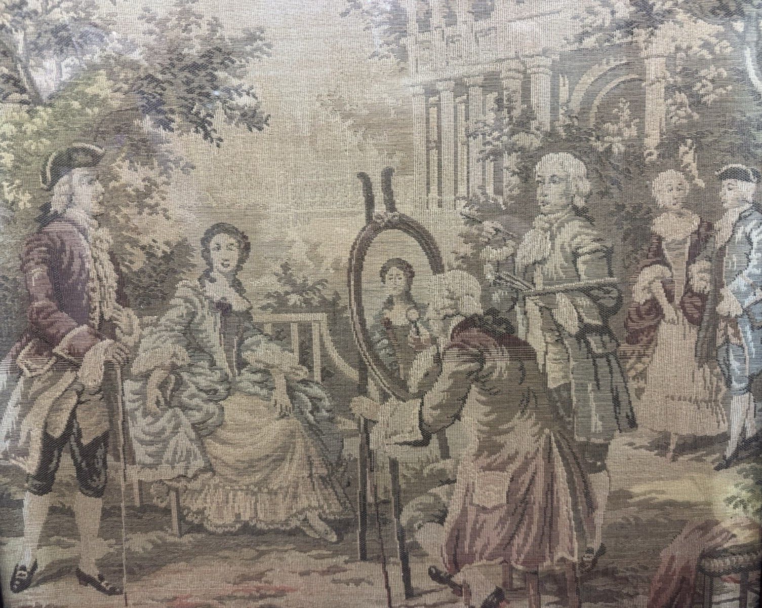 French Silk Tapestry 18c Courtiers In Garden Scene Fire Screen Hardwood Frame photo Home Decor