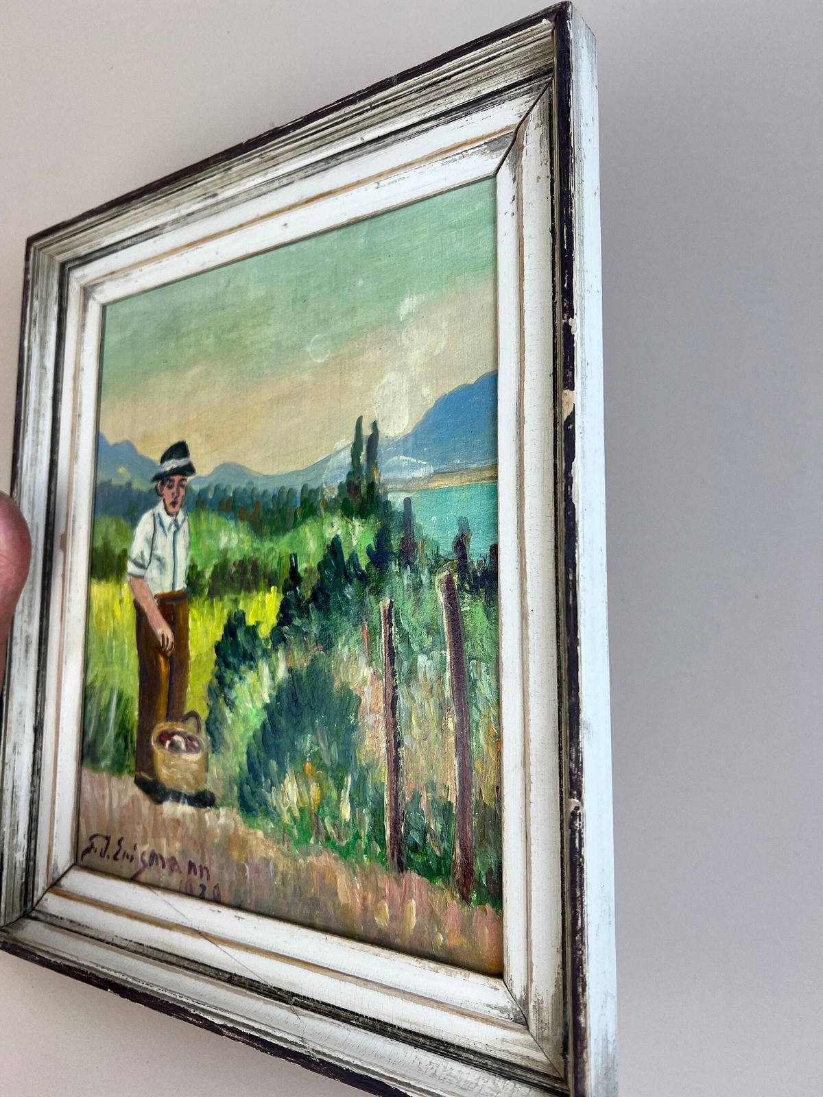 Vintage Swiss Folk Art Oil Painting: Signed Portrait, 1939 photo vintage