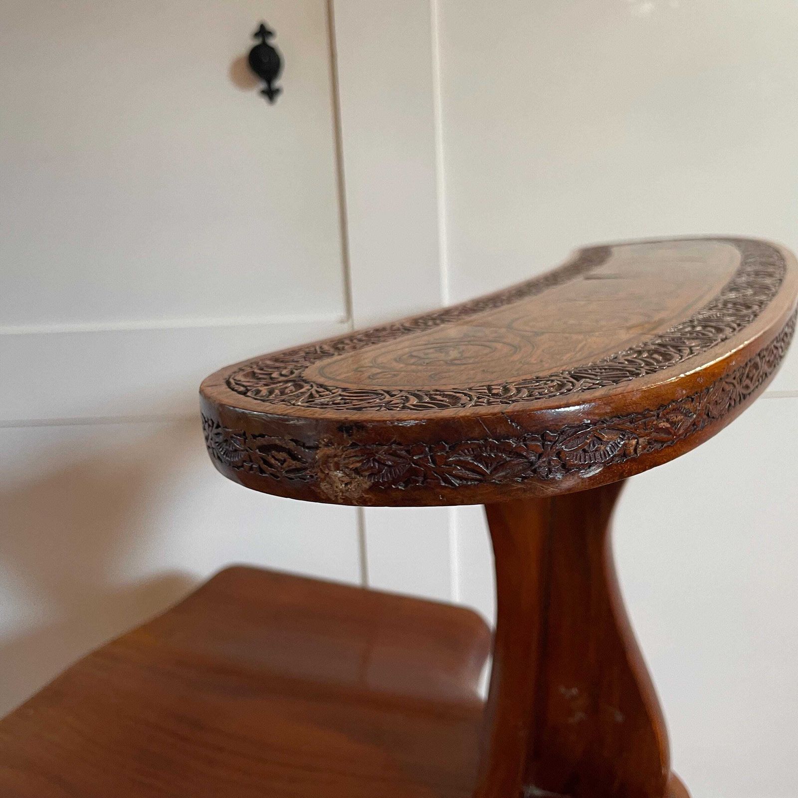 photo for sale Vintage Wooden Hall Chair With Ornate Hand Carving And Brass Inlay Marquetry Spanish Moorish Revival Mid Century Accent Seating Three Legs
