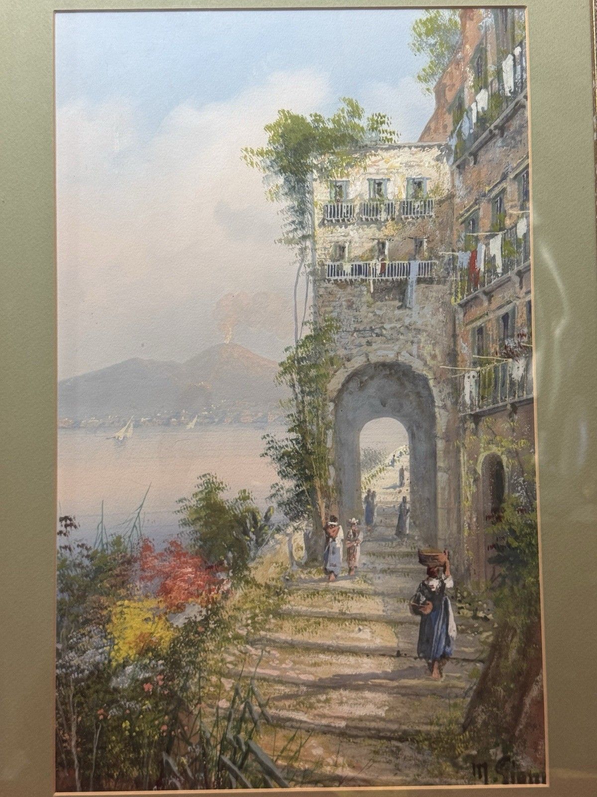 M Gianni Naples Street Scene Mt Vesuvius Italy Gouache Painting Signed Framed photo buy