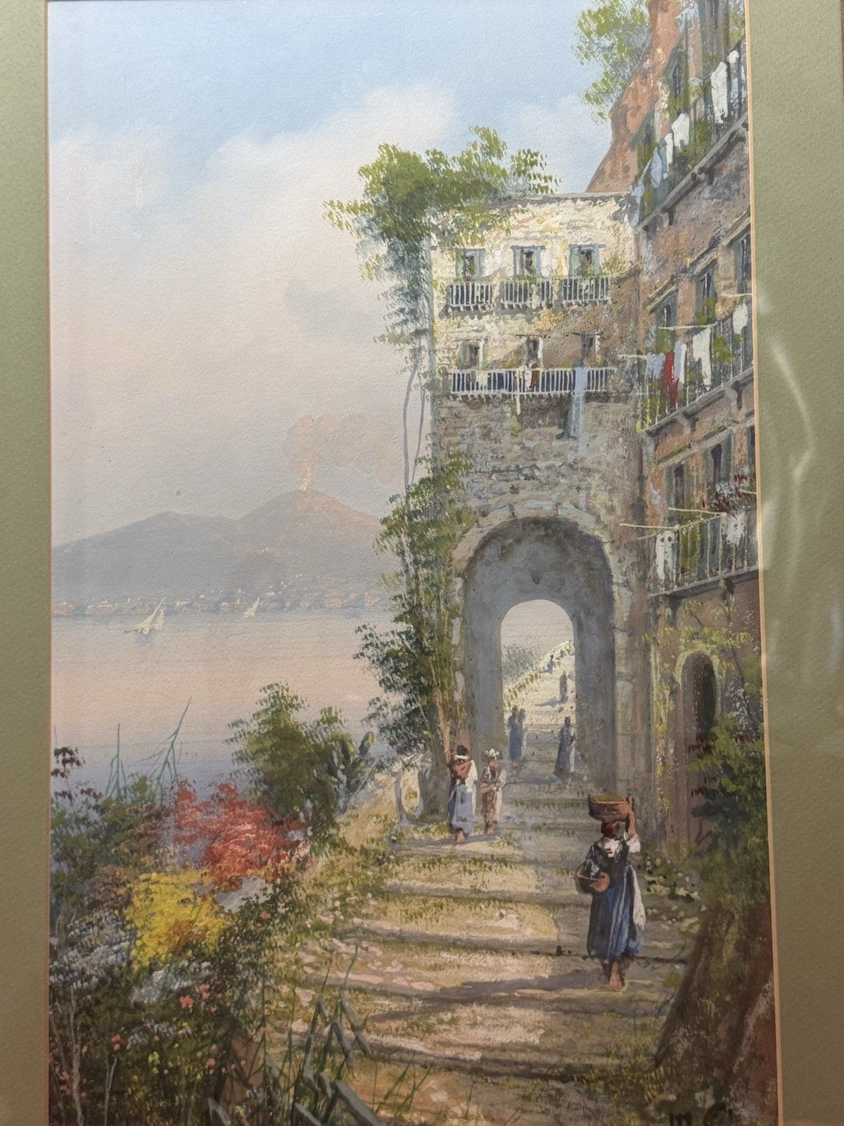 M Gianni Naples Street Scene Mt Vesuvius Italy Gouache Painting Signed Framed photo vintage