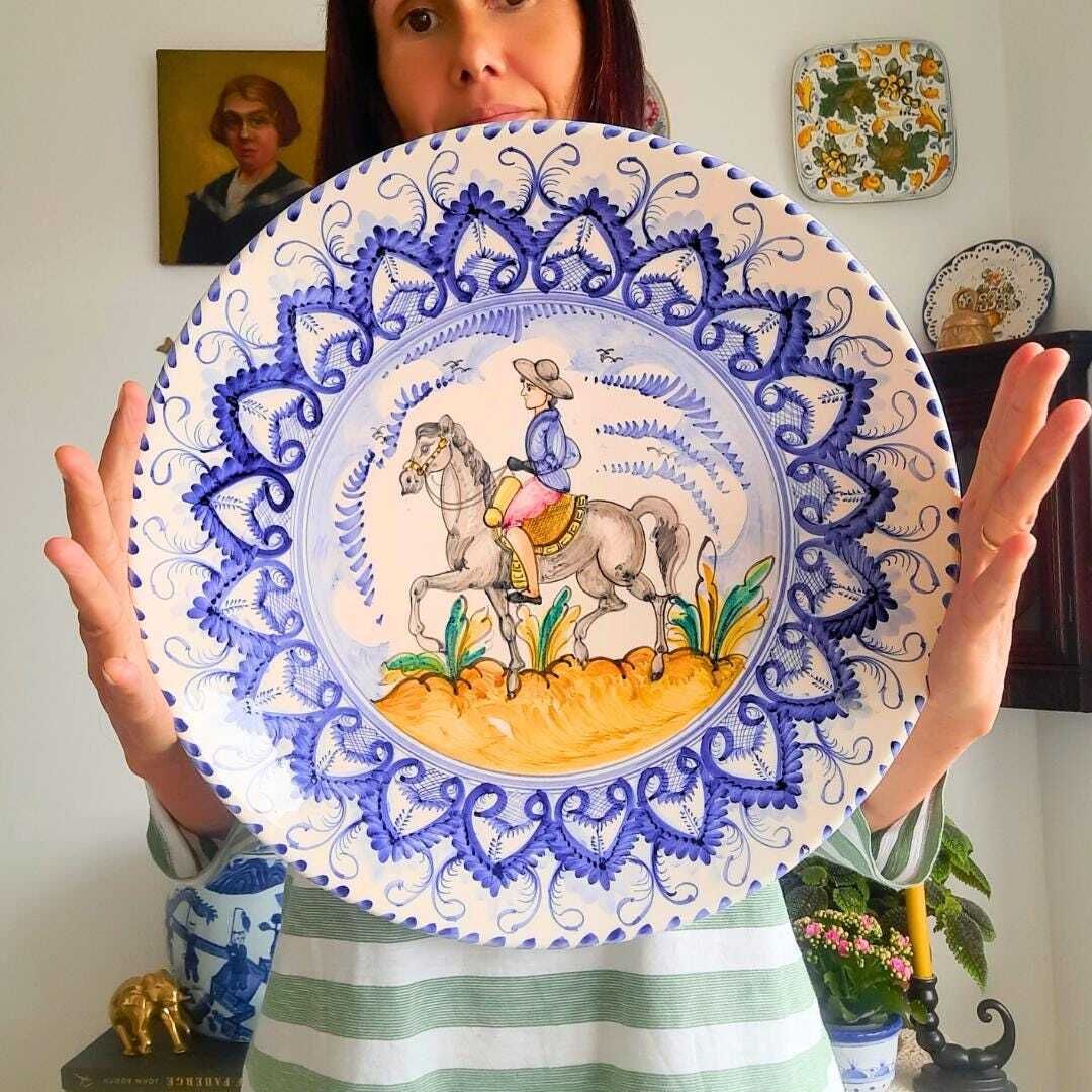 Very Large Spanish Hand Painted Man On Horseback Wall Plate 19th Century Style 16.2'' D