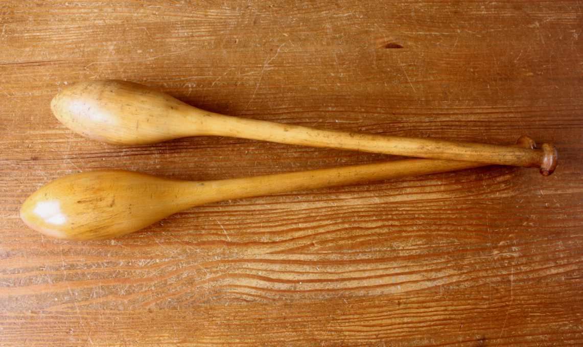 Pair Antique Indian Clubs. Decorative Wood Gym Weights Exercise Meels. photo vintage