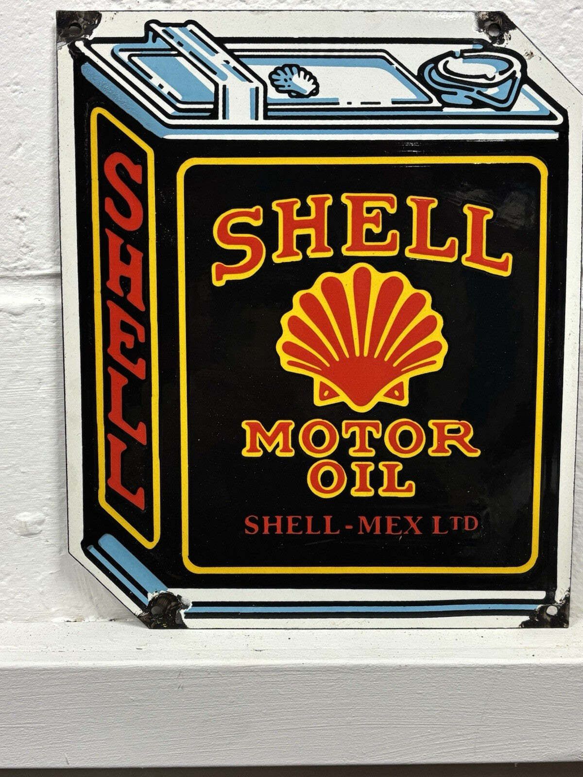 Shell Oil Can Garage Advertising Heavy Enamel Sign. Great Look. photo vinterior