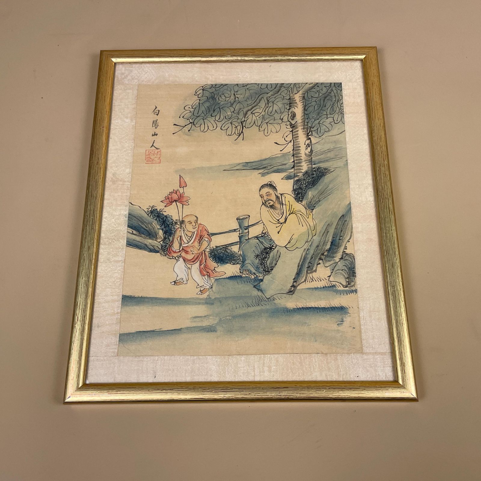 Antique Hand Painted Silk Painting Japanese Artwork Art Wall Hanging Oriental Detailed Gold Wood Frame Vintage Picture Framed Old Original photo Art