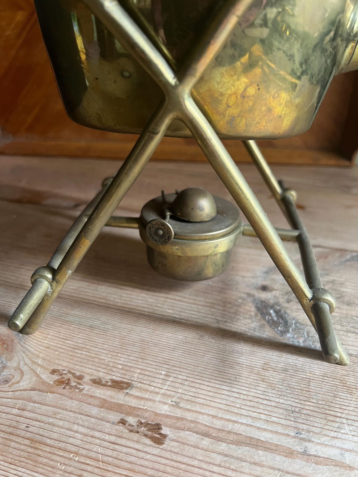 Antique Embossed Brass Tipping Kettle With Original Stand And Spirit Burner. William Soutter Brass Spirit Kettle With Stand. Unpolished. photo furniture