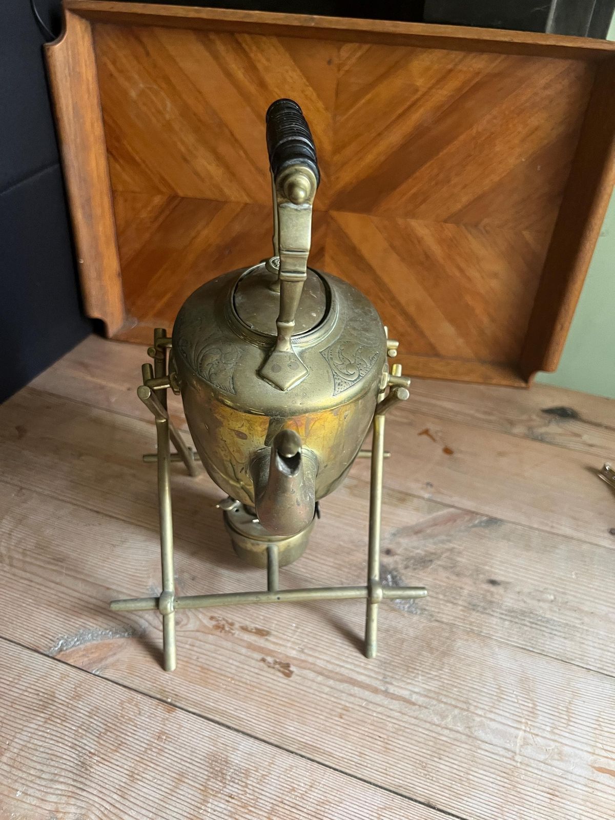 photo for sale Antique Embossed Brass Tipping Kettle With Original Stand And Spirit Burner. William Soutter Brass Spirit Kettle With Stand. Unpolished.