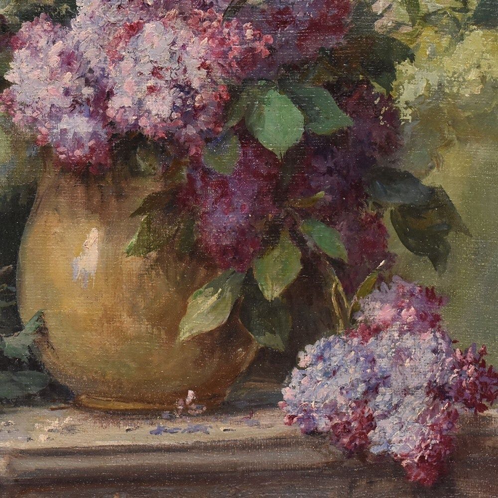 Antique Flower Painting, Lilac Flowers, Oil On Canvas, 20th Century. photo 2200.0