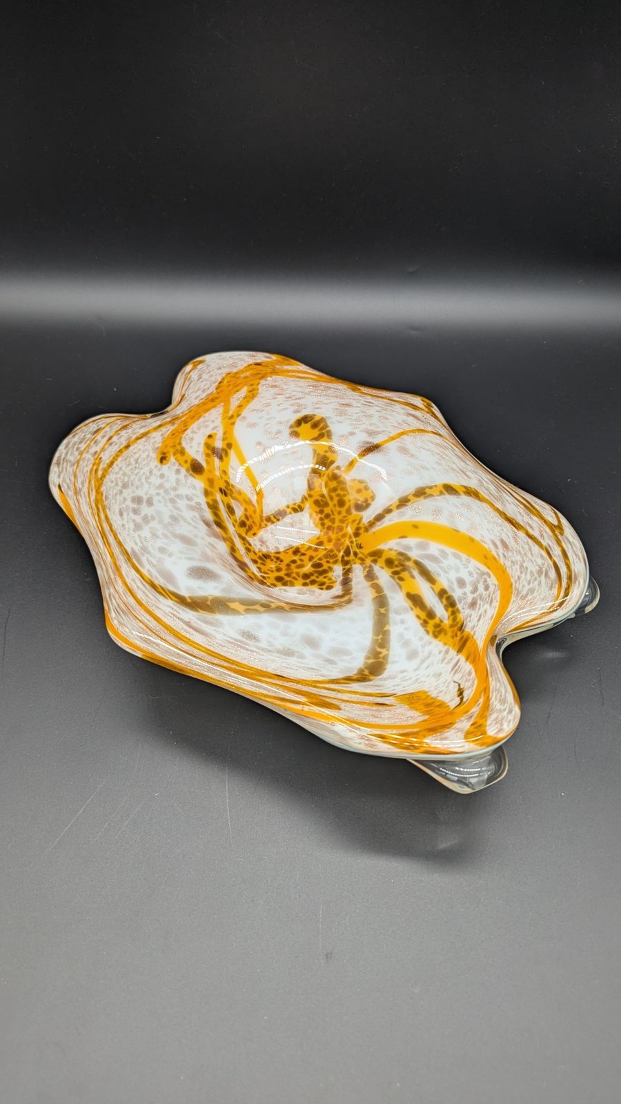 Fratelli Toso Murano Glass Bowl In Yellow Lattimo Aventurina, Mid Century Italian