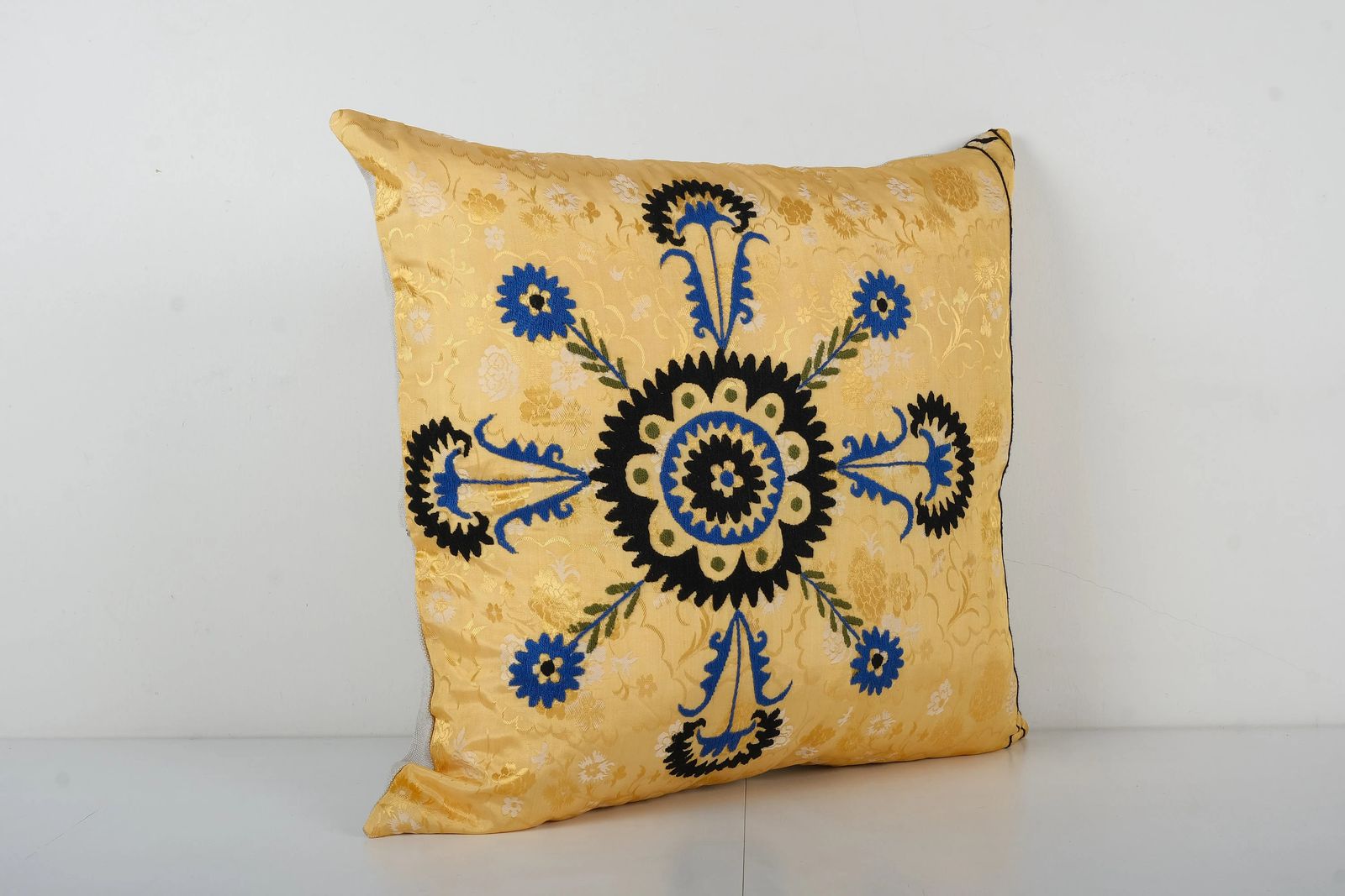 Suzani Yellow Pillow Cover, 1960s Handmade Samarkand Uzbek Suzani Textile Art photo furniture