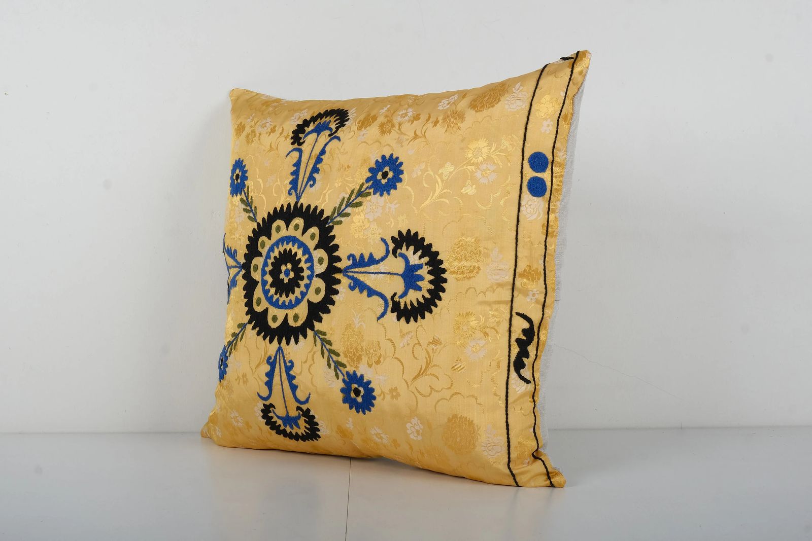 Suzani Yellow Pillow Cover, 1960s Handmade Samarkand Uzbek Suzani Textile Art photo for sale