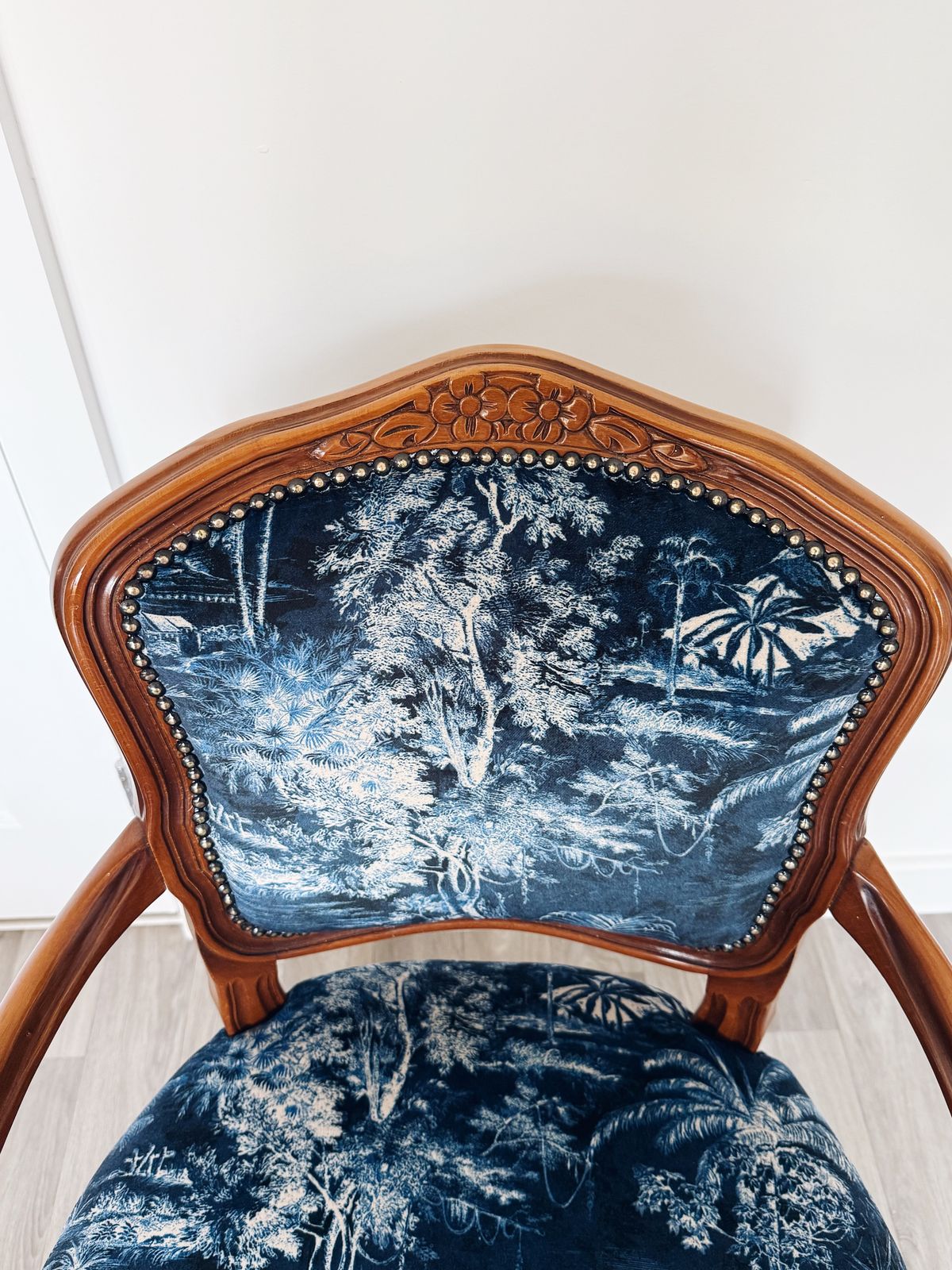 Restored Louis XV Style Armchair   Scenic Deep Blue Upholstery, Solid Wood Frame photo 299.0