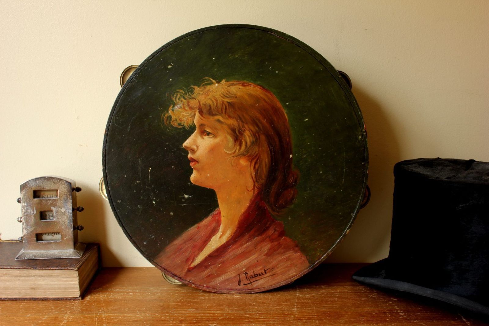 Antique Painted Tambourine. Oil Painting Lady Portrait. French Folk Art. photo for sale