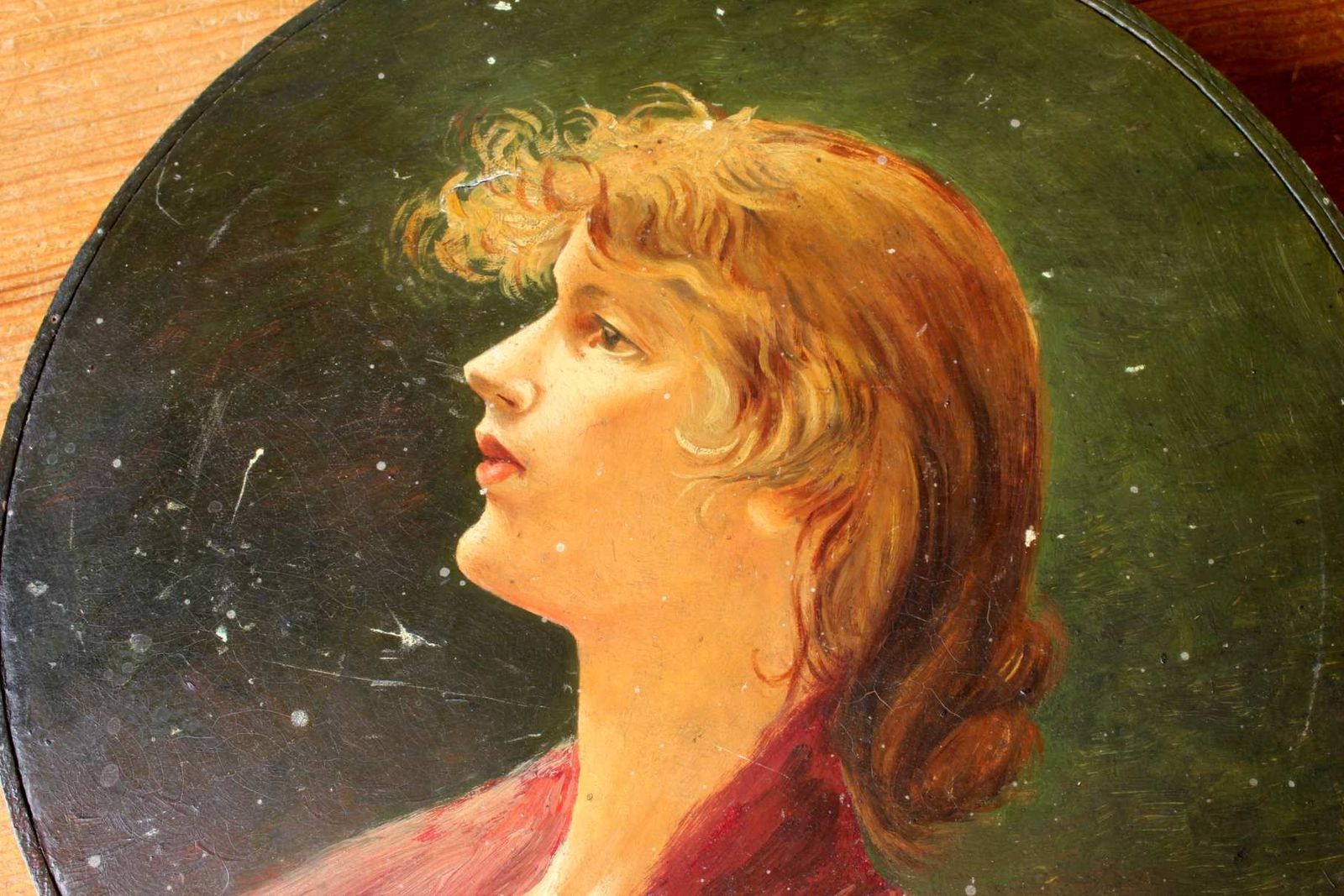 photo buy Antique Painted Tambourine. Oil Painting Lady Portrait. French Folk Art.