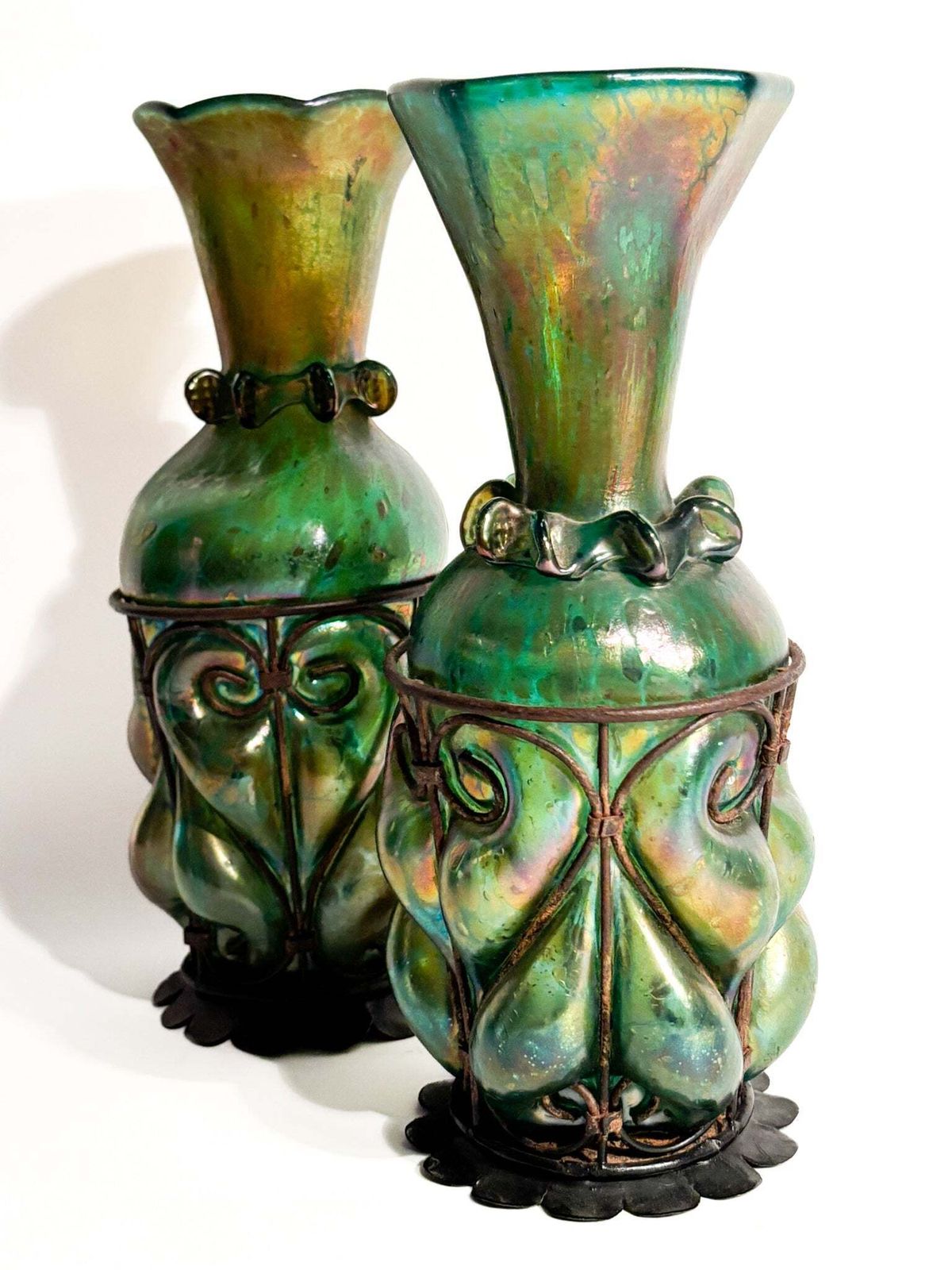 Pair Of Loetz Glass And Wrought Iron Vases From The 1920s photo furniture